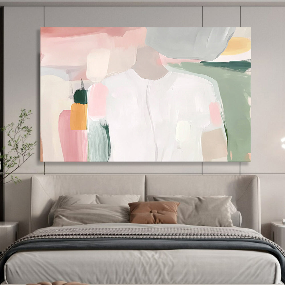 Large abstract painting of a white shirt with soft pink and green pastel brush strokes inspired by Maira Kalman.SC179