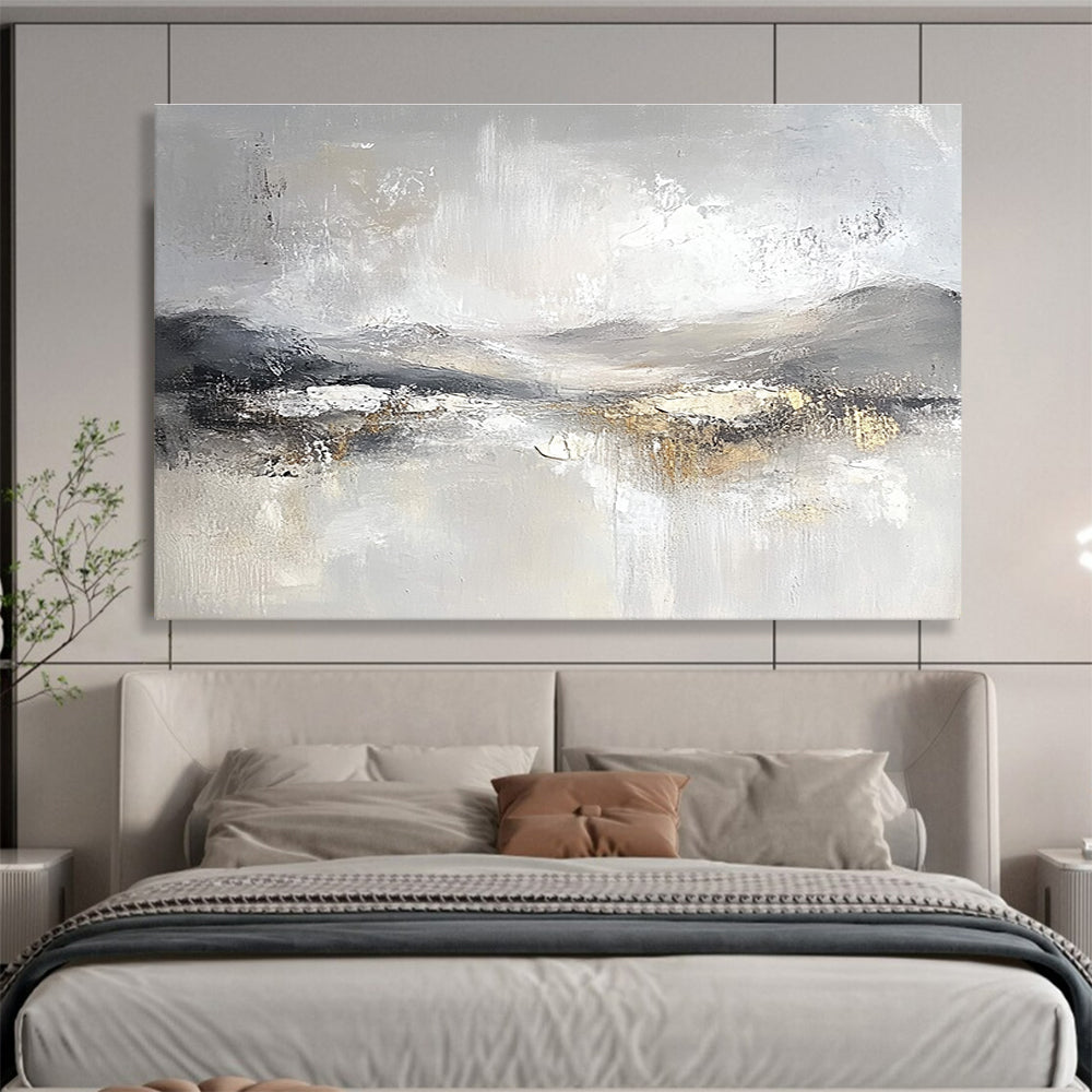 Large abstract painting featuring soft gray and white tones with subtle textures of snow-covered hills and ethereal clouds for a calming atmosphere.SC083