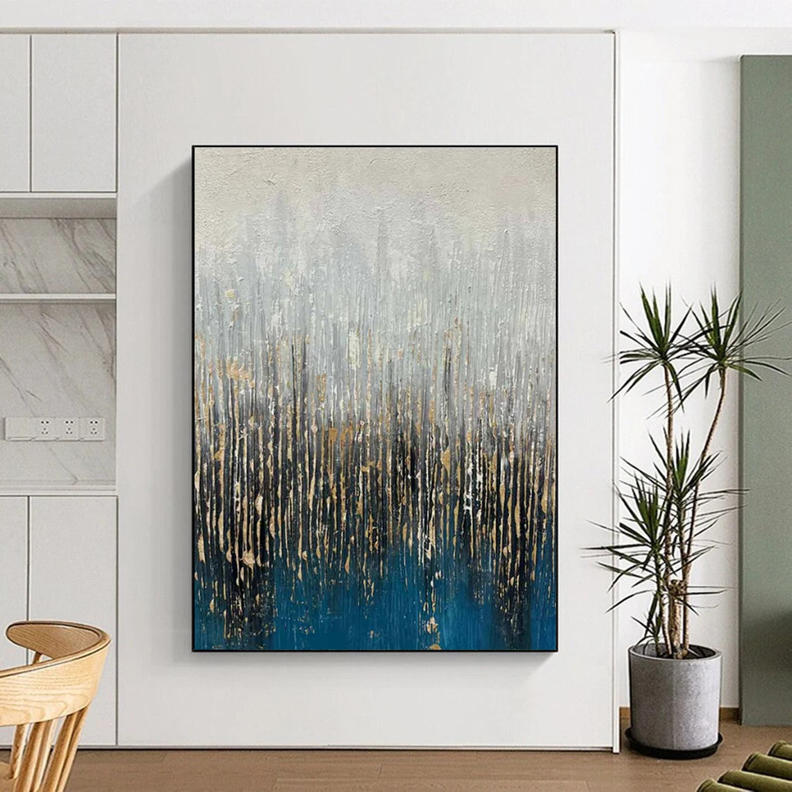 Blue, Gray, and Gold Textured Abstract Painting with Vertical Elements ADGE406