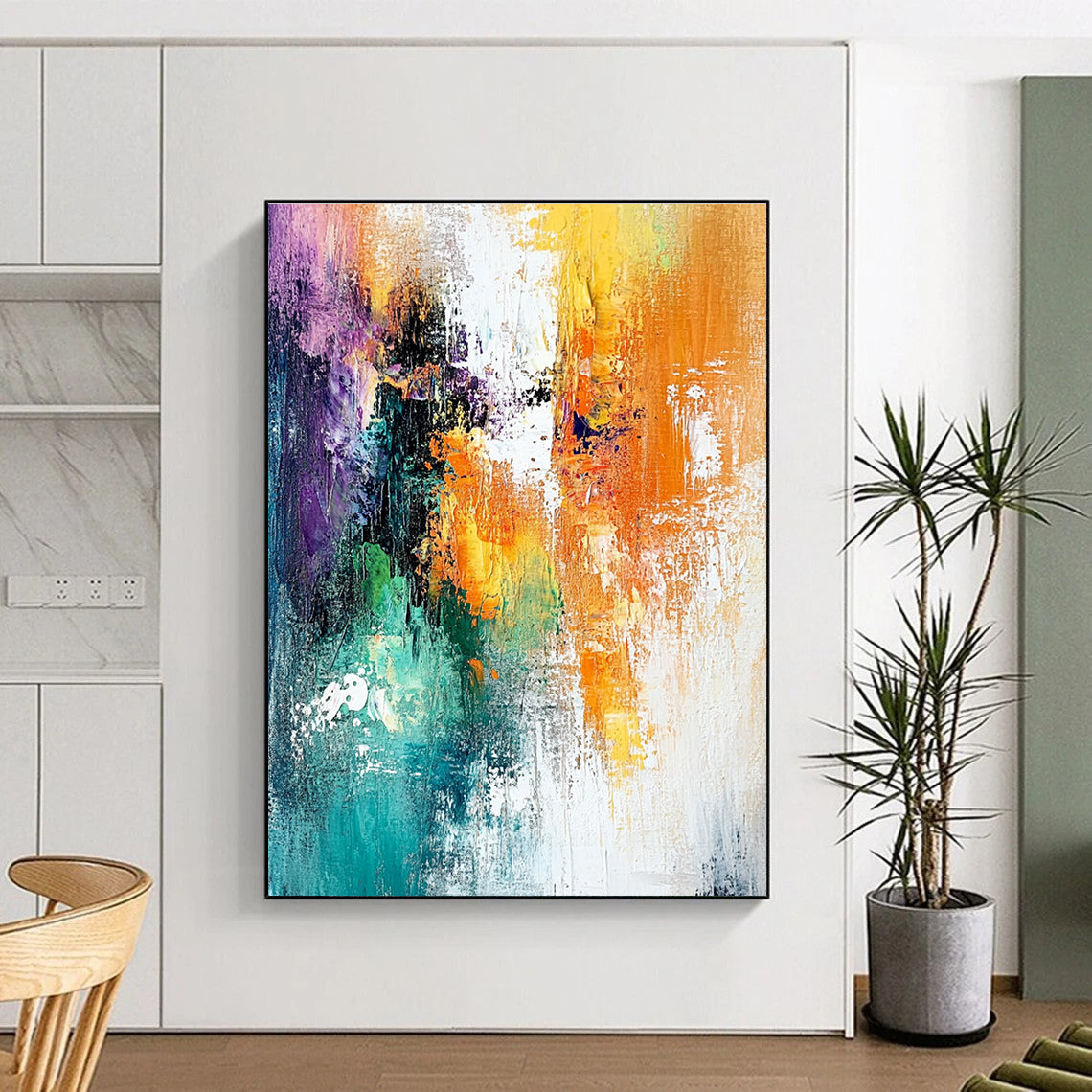 Large abstract painting featuring dreamy hues of white orange and teal with textured brushstrokes and a layered mixed media composition.STSC417