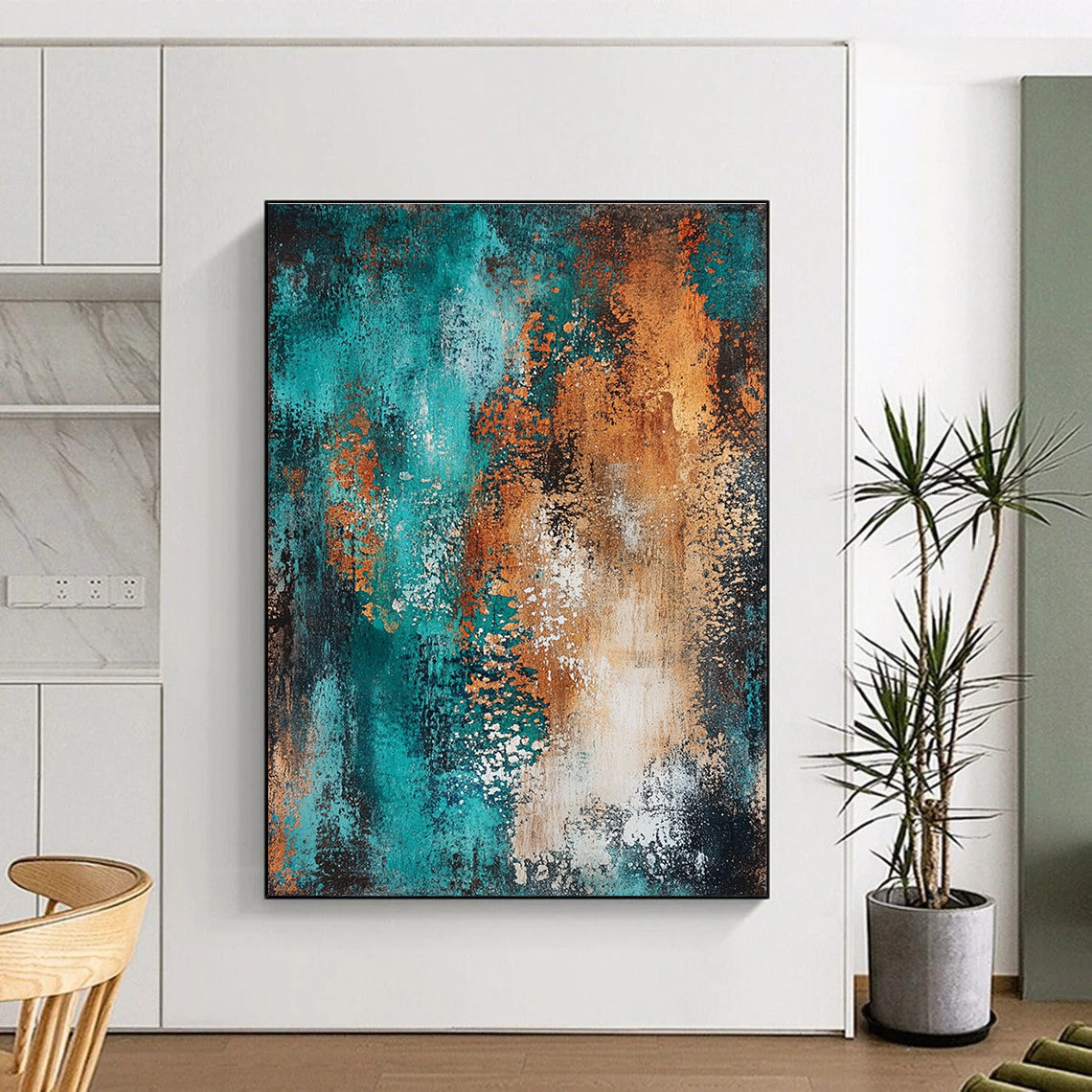 Teal and Orange Textured Abstract Painting with Dynamic Brushstrokes GER208