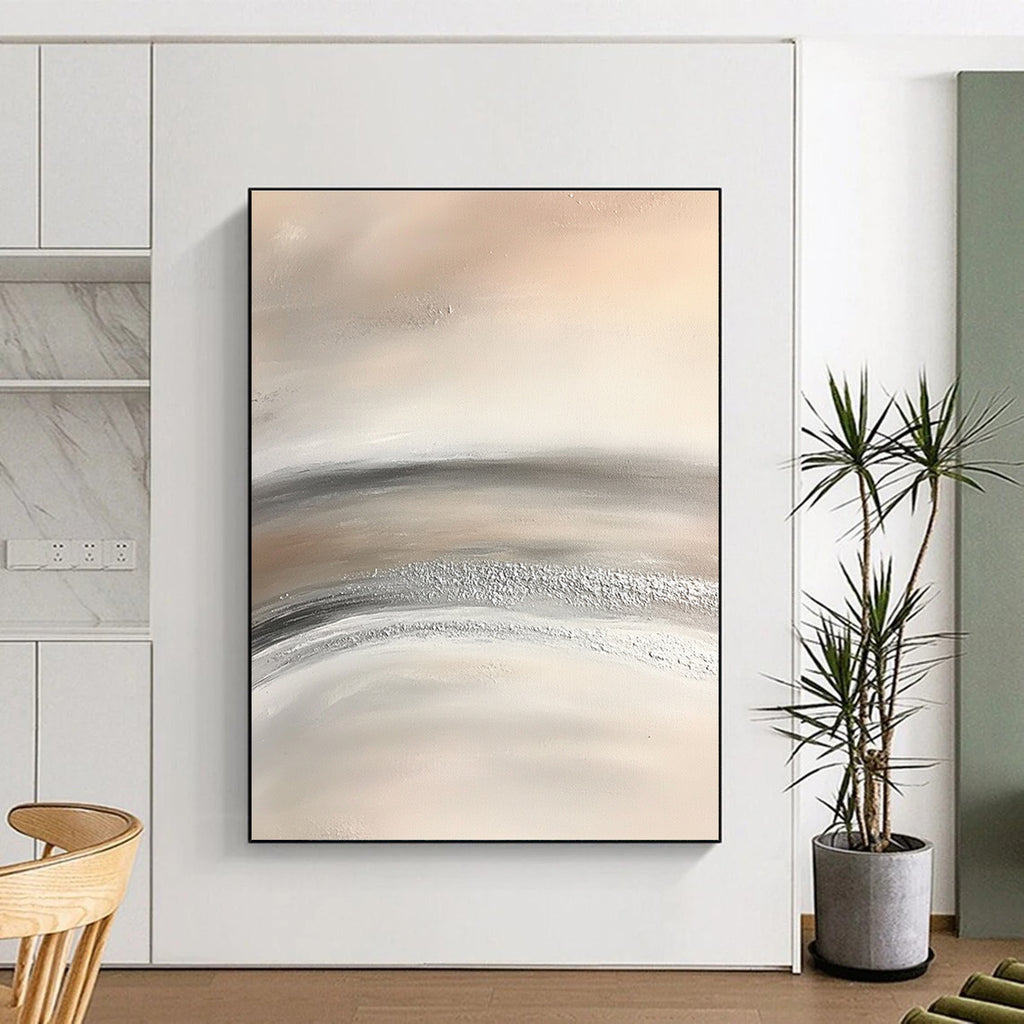 Abstract painting featuring soft gray and white striped desert sand with silver dust conveying serenity and tranquility through minimalist design.STSC949