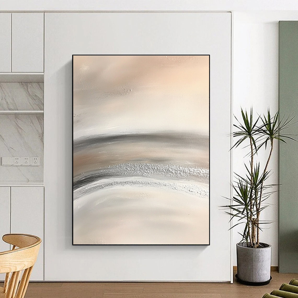 Abstract painting featuring soft gray and white striped desert sand with silver dust conveying serenity and tranquility through minimalist design.STSC949