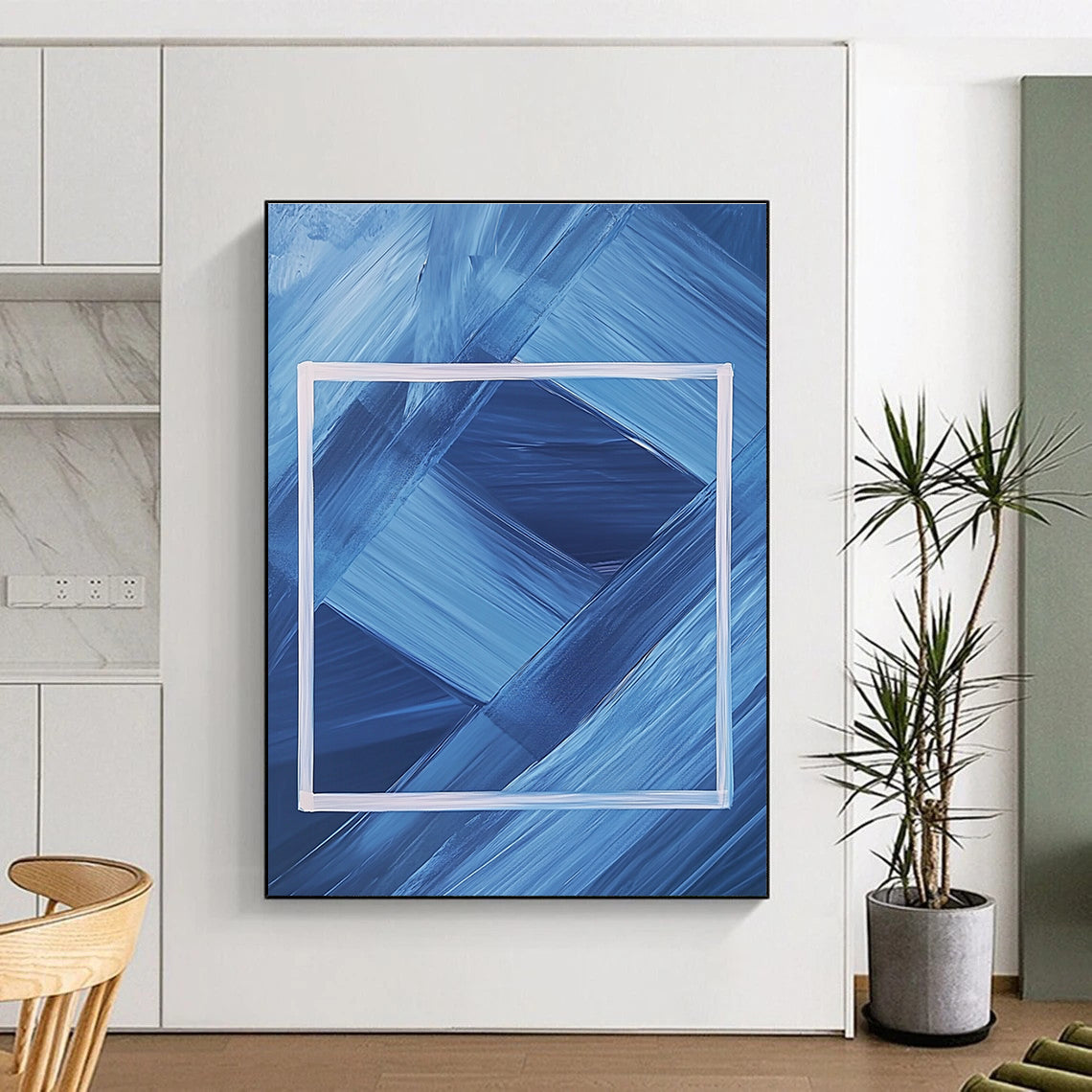 Abstract painting featuring a dark blue background with a white frame and geometric shapes creating a symmetrical minimalist design.STSC037