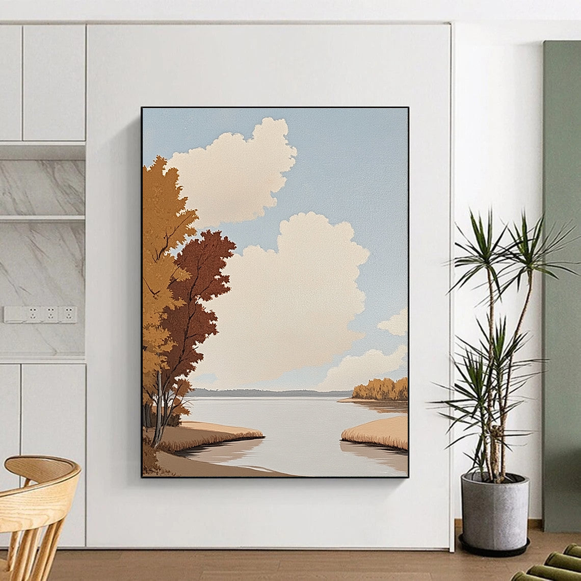 Abstract painting of a riverbank with trees autumn red leaves and a vast lake minimalistic oil style flat illustrations.STSC1020