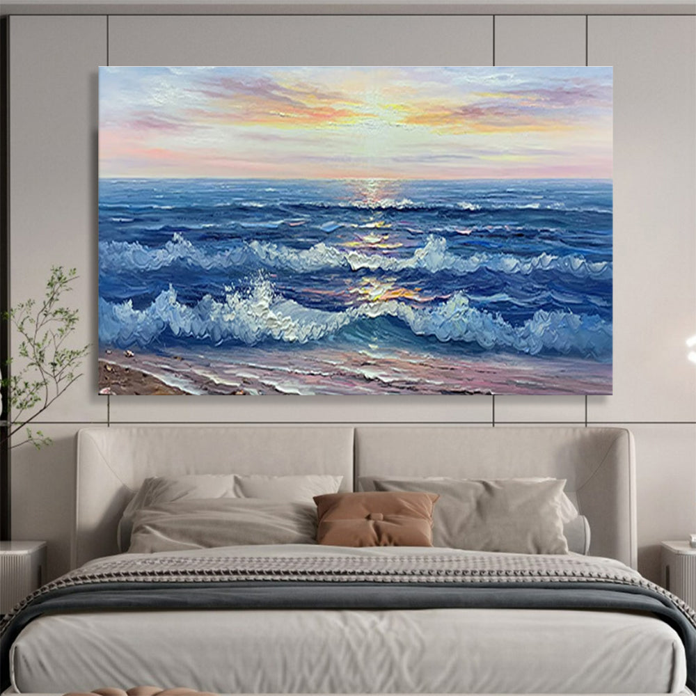 Sunset Sea Abstract Painting with Blue, Orange, and Pink Tones THY218