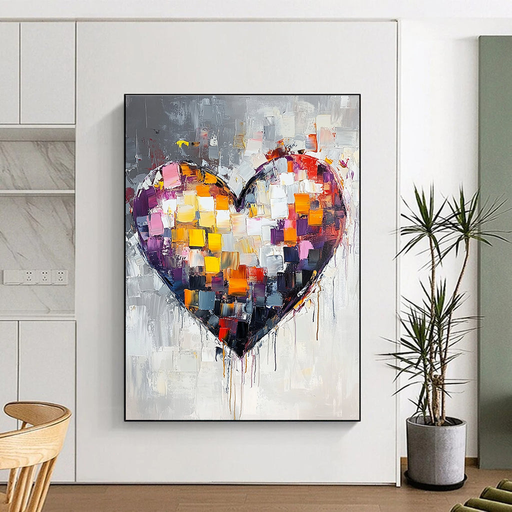 Large abstract heart painting with vibrant colors and thick brush strokes on a white background featuring paint drips and a predominantly gray palette.STSC071
