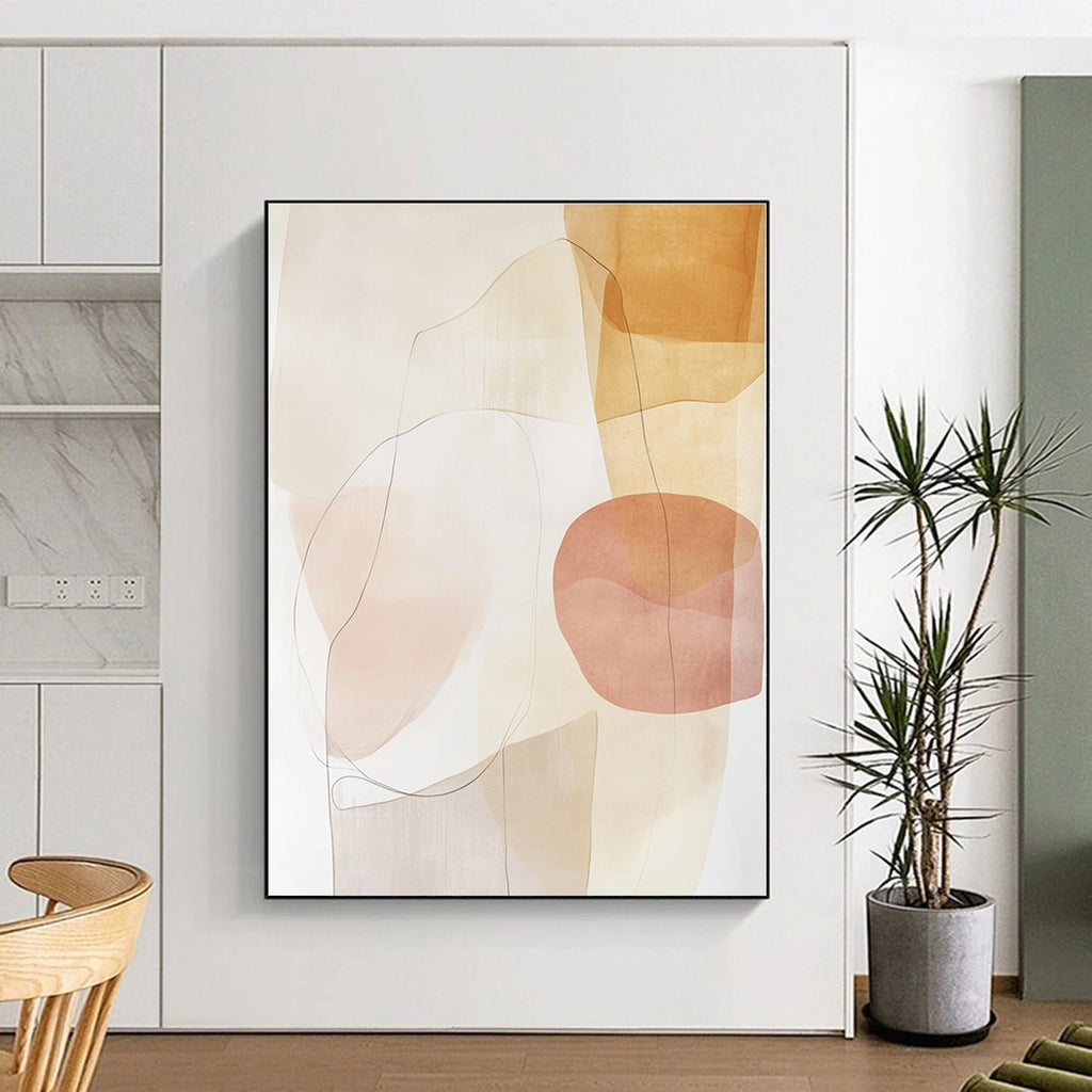 Soft - Toned Beige and Pink Abstract Painting with Delicate Lines GER260