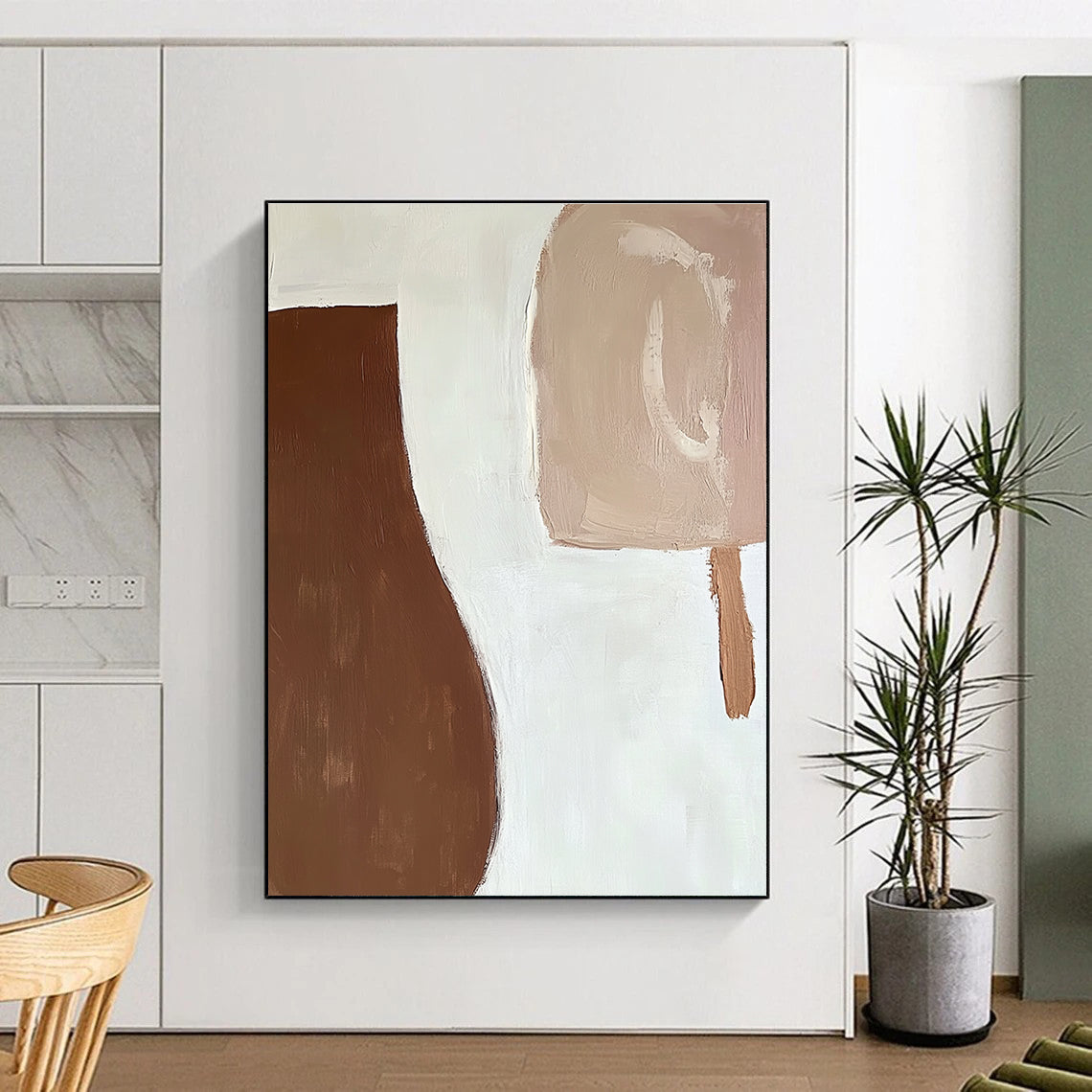 Large abstract painting featuring organic brown and white shapes with fluid brush strokes creating a calm serene atmosphere against a plain white background.STSC694
