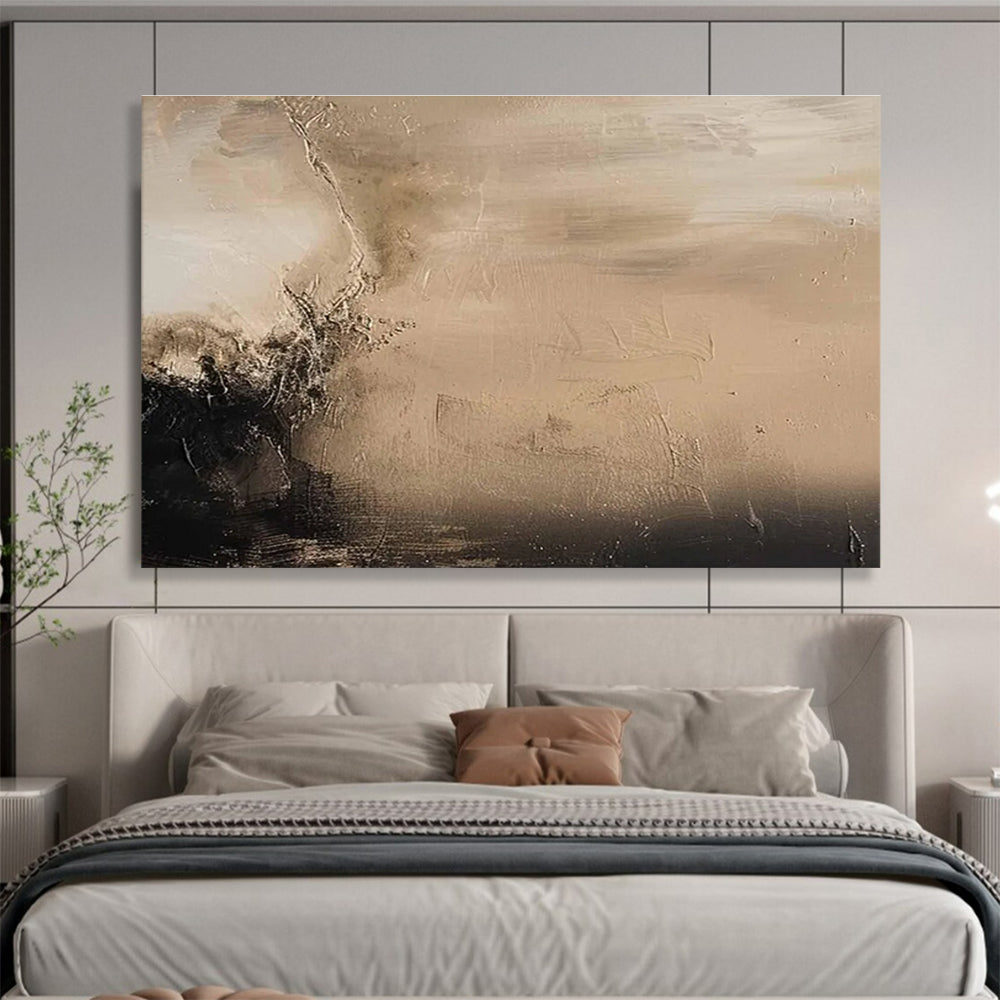 Beige Black Abstract Painting with Subtle, Contrasting Textures THY394