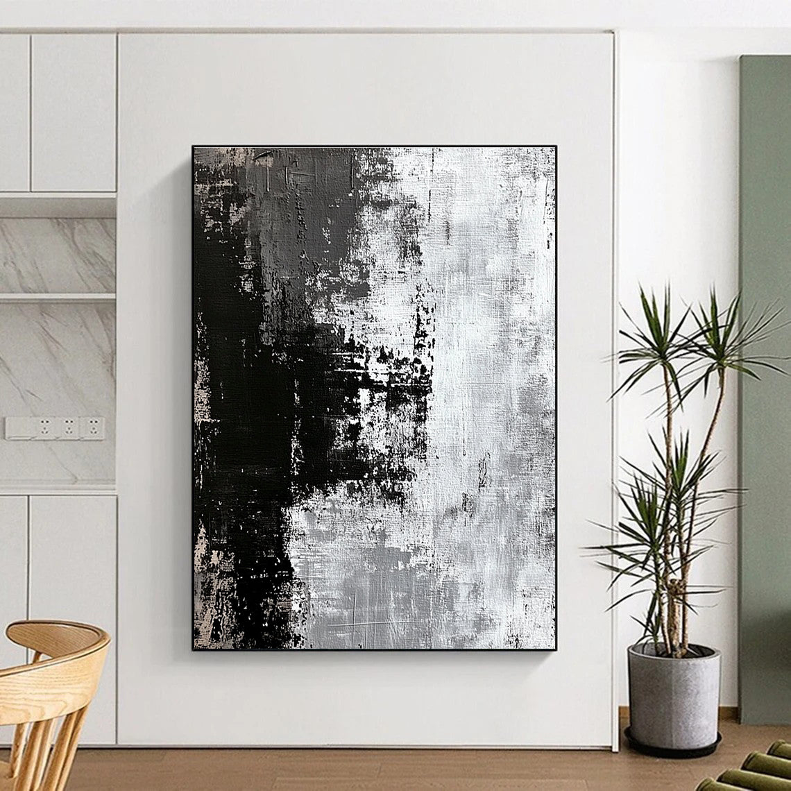 Black White and Gray Abstract Painting with Rough Textures GER425