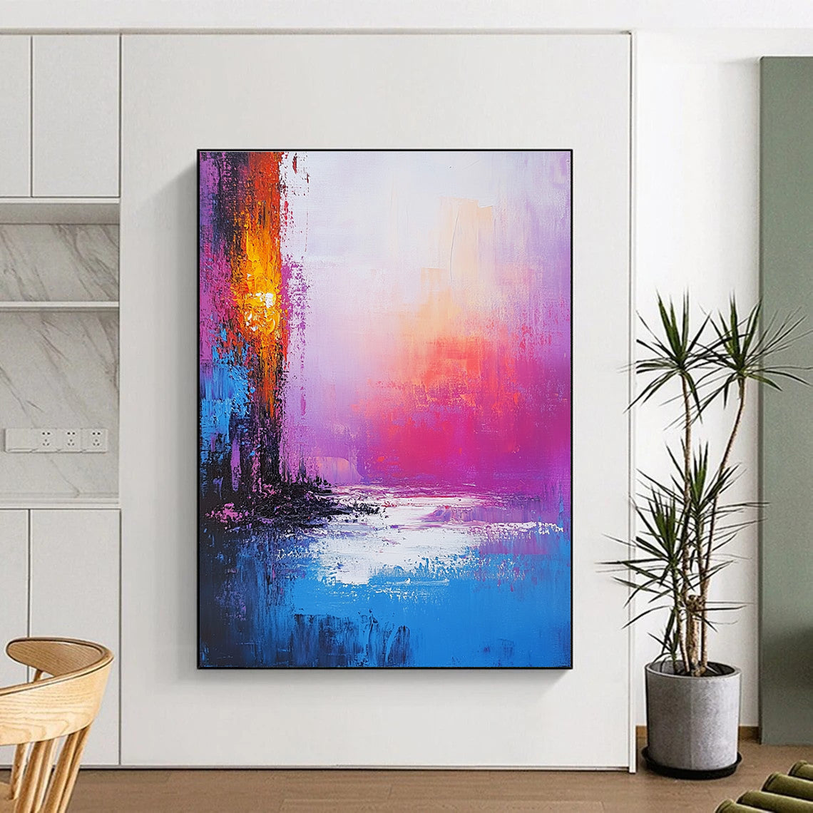 Large abstract painting of an iridescent ocean with pink purple and blue hues featuring a golden portal and a serene sunset ambiance.STSC261