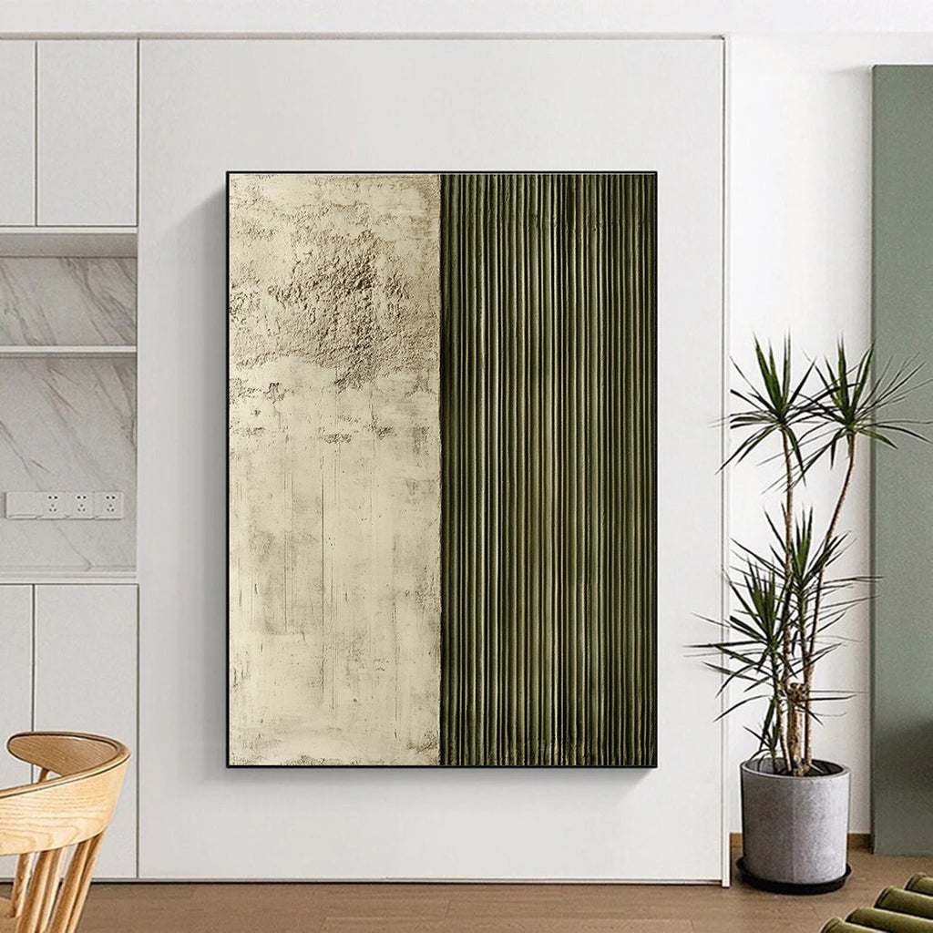 Large abstract painting featuring textured panels with soft concrete and greenish-grey rebar lines creating a striking contrast and depth.STSC542