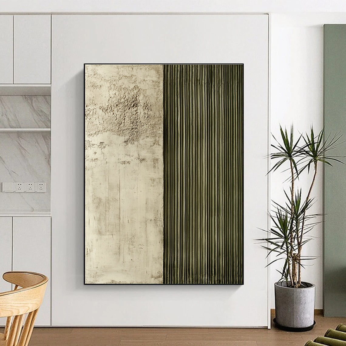 Large abstract painting featuring textured panels with soft concrete and greenish-grey rebar lines creating a striking contrast and depth.STSC542