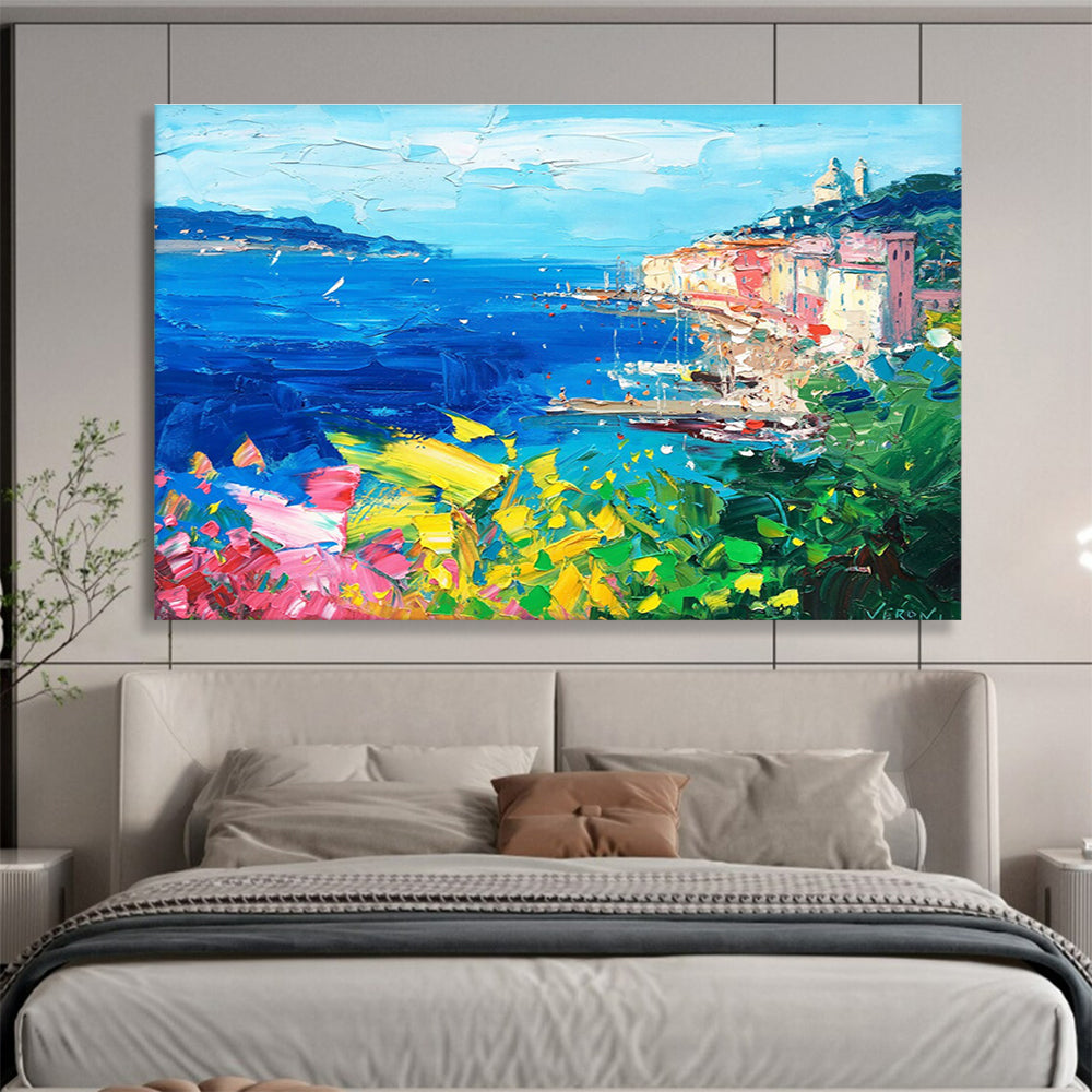 Blue Pink Yellow Coastal Harbor Abstract Painting THY486