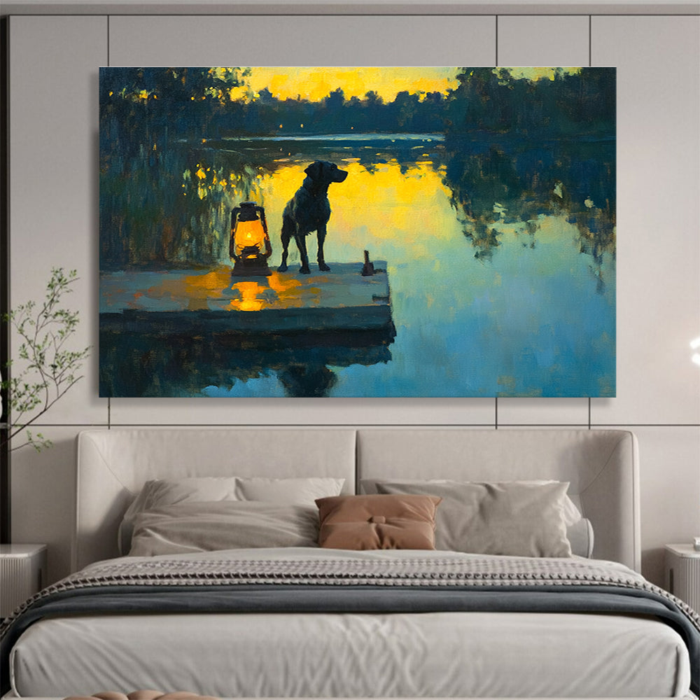 Dog by the Lake at Sunset Realistic - Abstract Painting with Warm Yellows DYP591