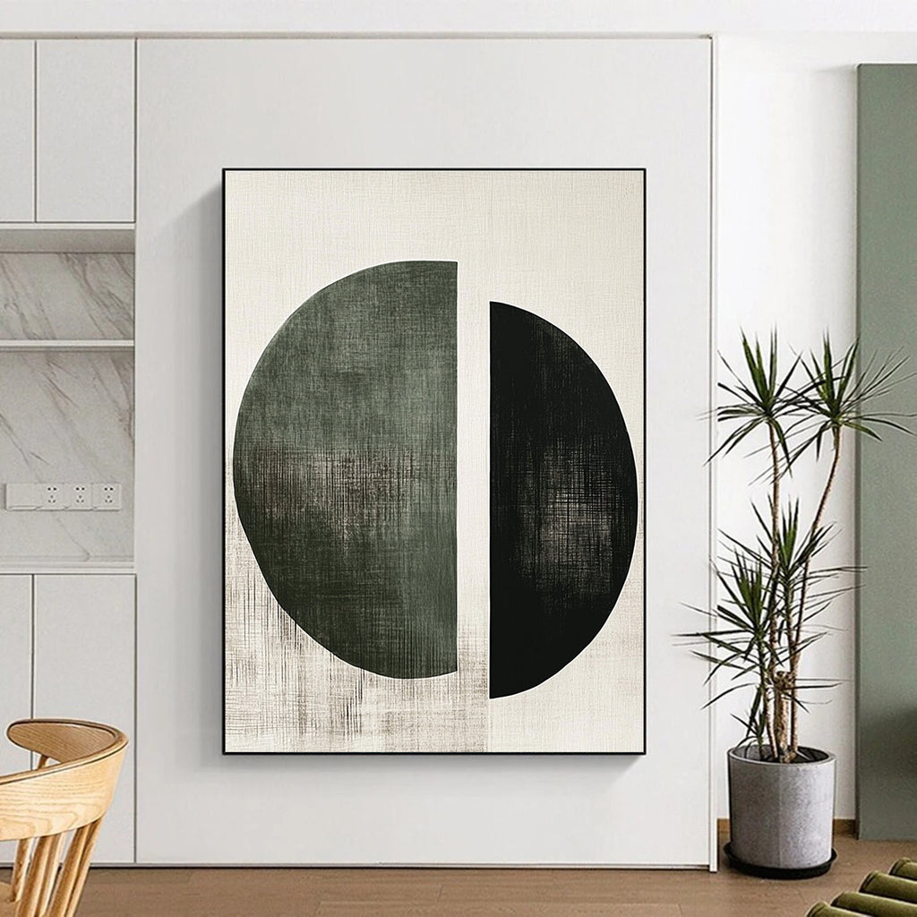 Green and Black Circular Abstract Painting with Geometric Simplicity GER131