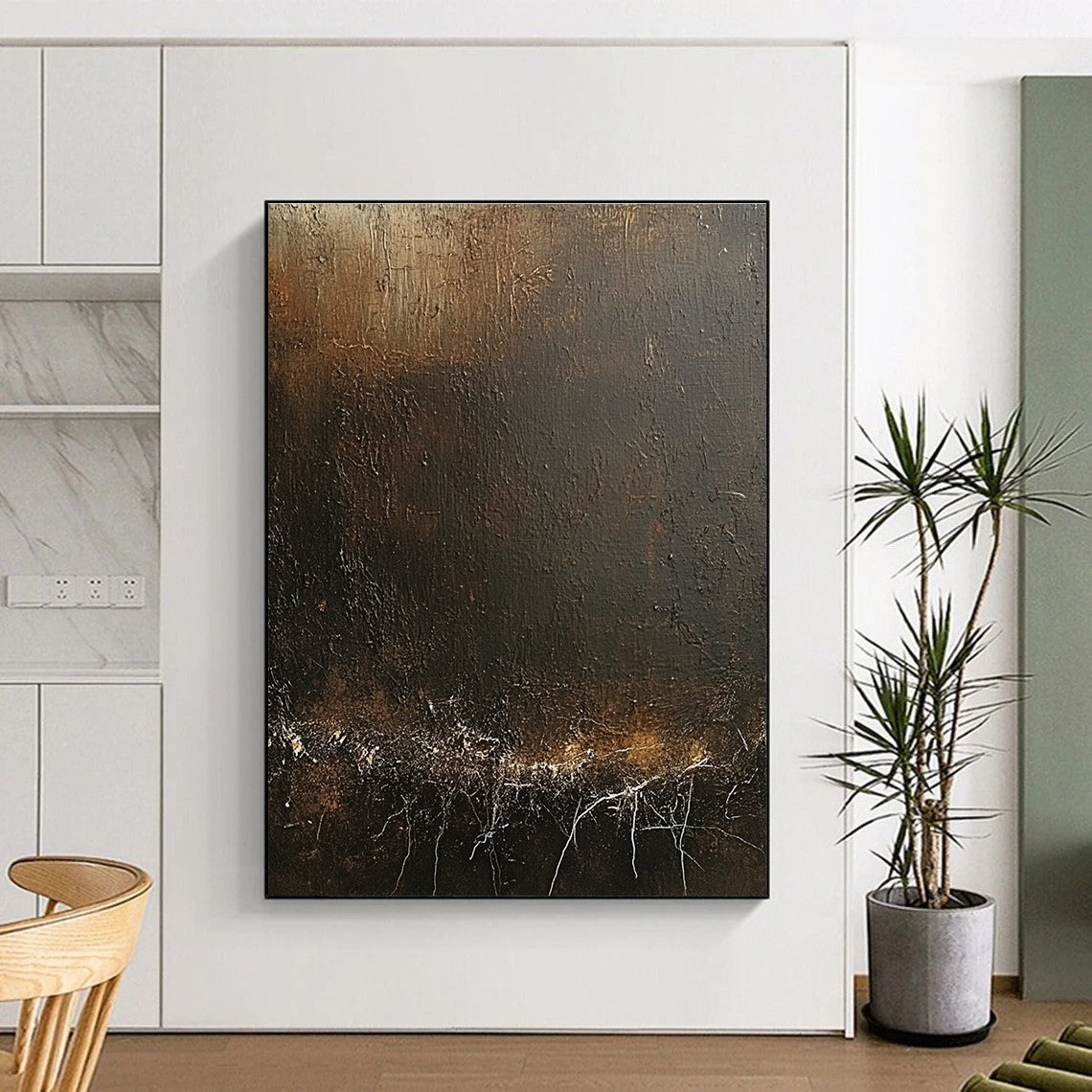 Large Abstract Artwork Featuring Dark Brown Canvas With Textured White Cracks And Soft Warm Lighting Perfect For Creating An Atmosphere Of Timeless Mystery.STSC1429