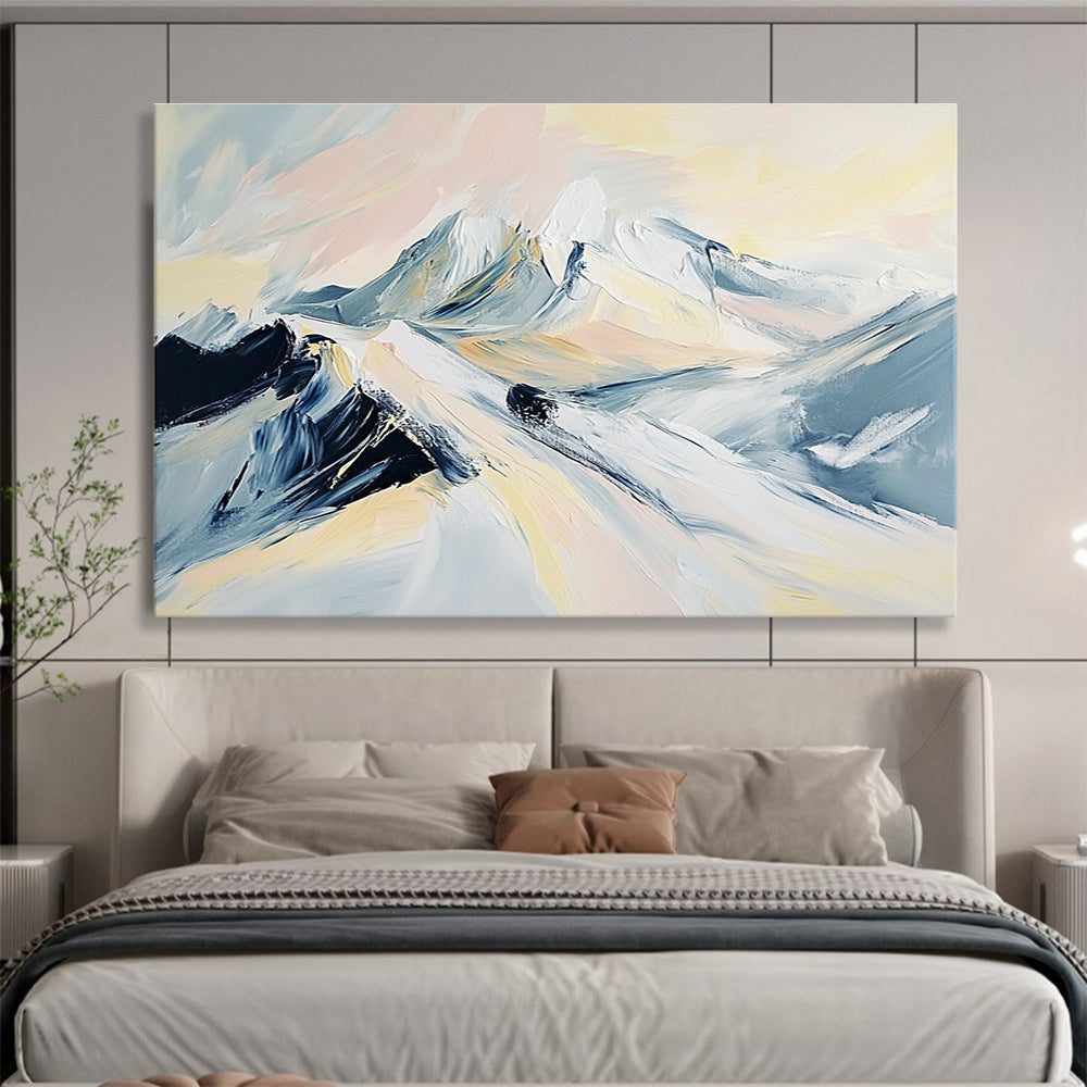 Large abstract painting of snowy mountains featuring soft hues of light gray pale pink beige and black.SC199