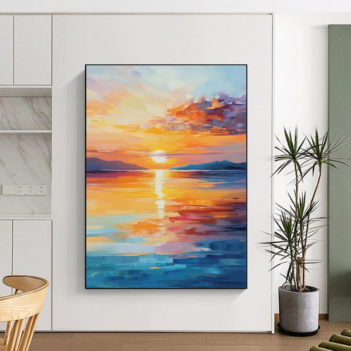 A large abstract painting of a beautiful sunrise over the sea with warm colors and calming reflections, capturing tranquility and hope.STSC900