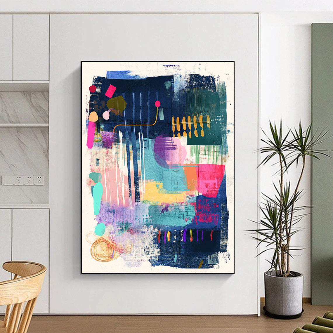 A large abstract artwork featuring musical notes and vibrant colors with oversized keys creating motion and playful typography in a harmonious design.STSC967