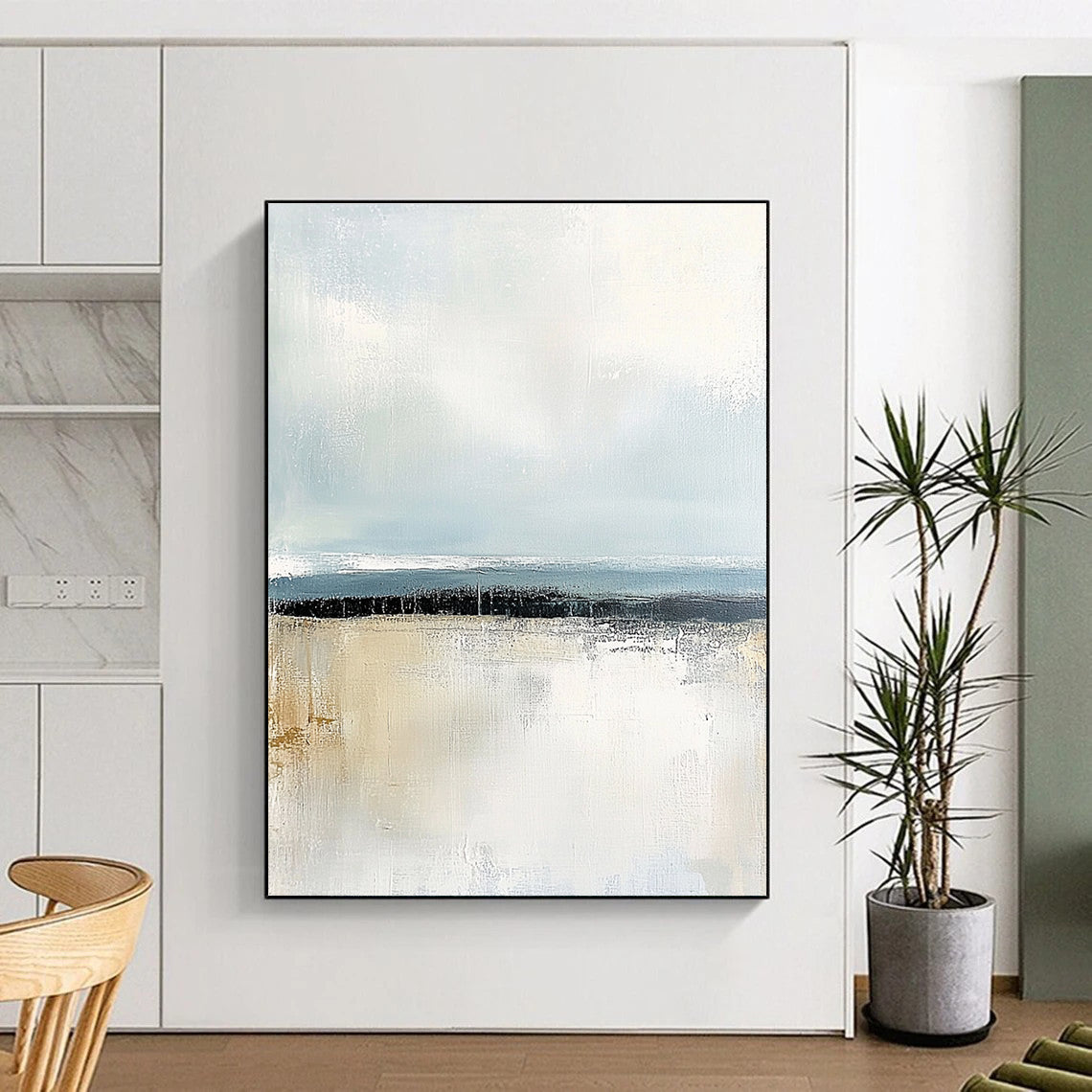 Large abstract painting with soft pastel colors and textured surface capturing serene coastal waters at dawn or dusk for emotional impact.STSC045