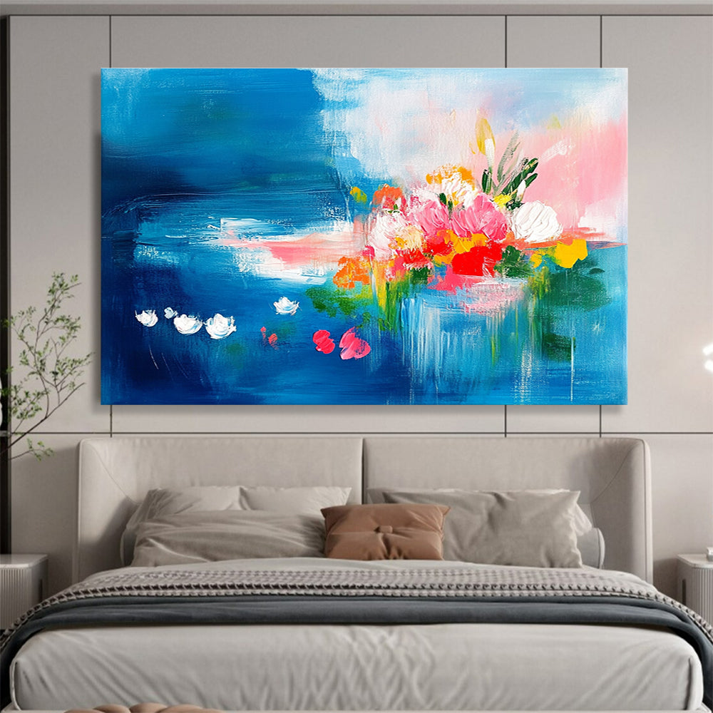 Abstract painting featuring vibrant pink and turquoise flowers on a blue background with green leaves and bright clouds, creating a joyful and dynamic atmosphere.SC235