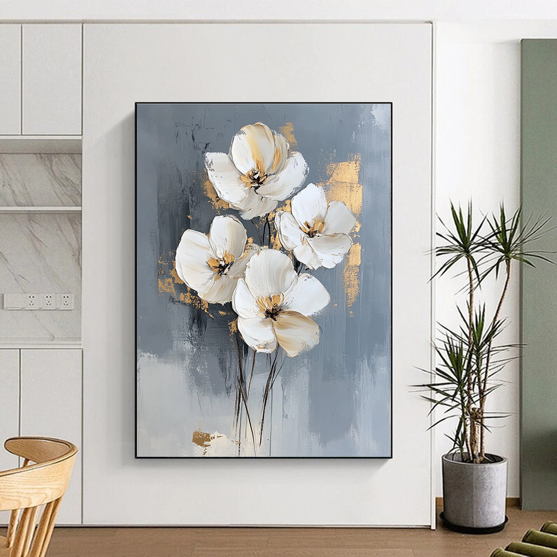 Large abstract oil painting featuring white flowers on a gray background with elegant gold accents for a stunning modern decor statement.STSC511