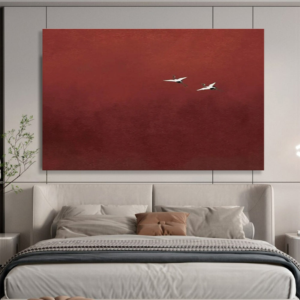 Red Crane Abstract Painting with Minimalist, Serene Beauty THY389