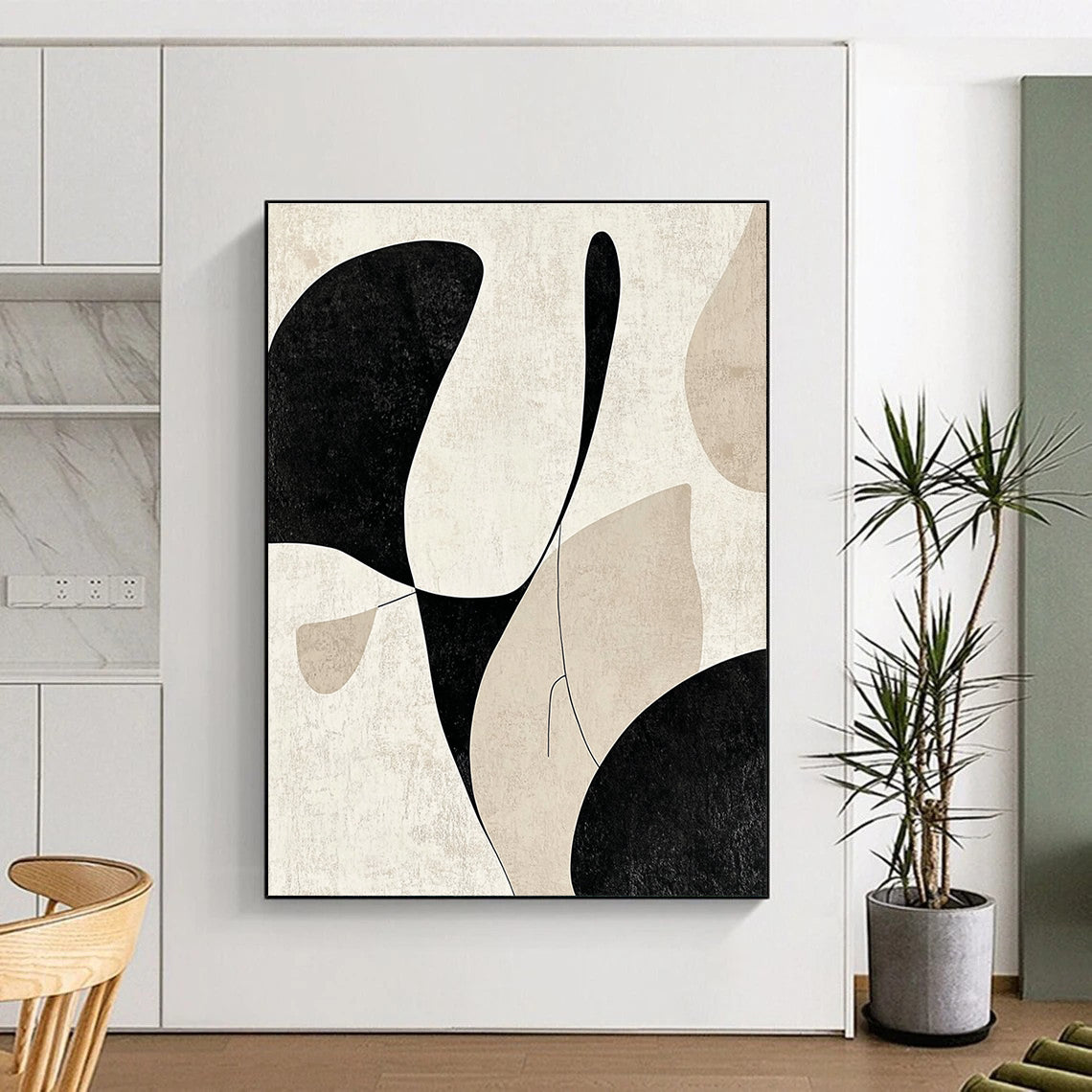 Abstract painting featuring black and beige soft lines and gentle curves creating an elegant minimalist design that highlights simplicity and form.STSC471