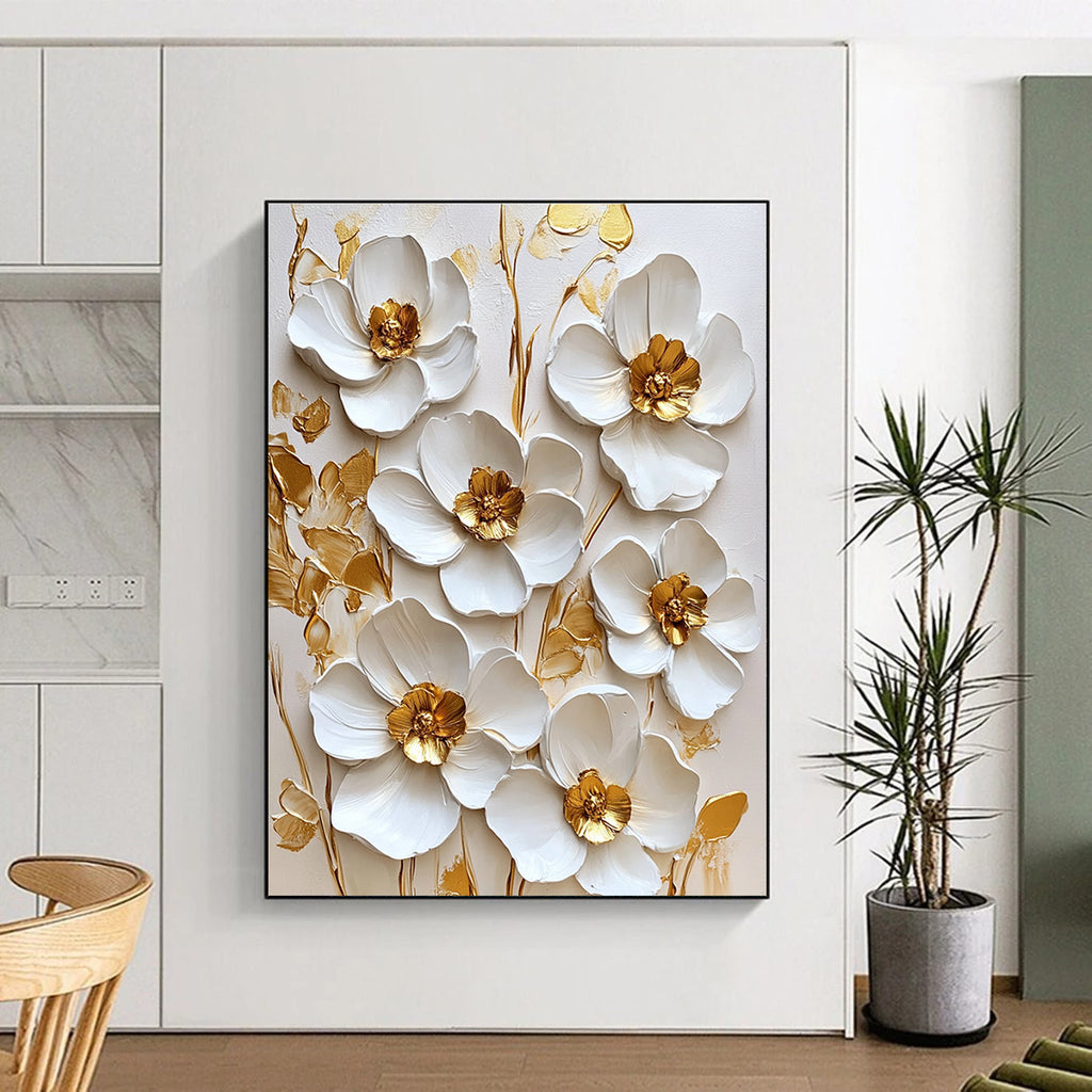 Large abstract painting featuring white flowers with golden accents on a white background in a square format.STSC1481