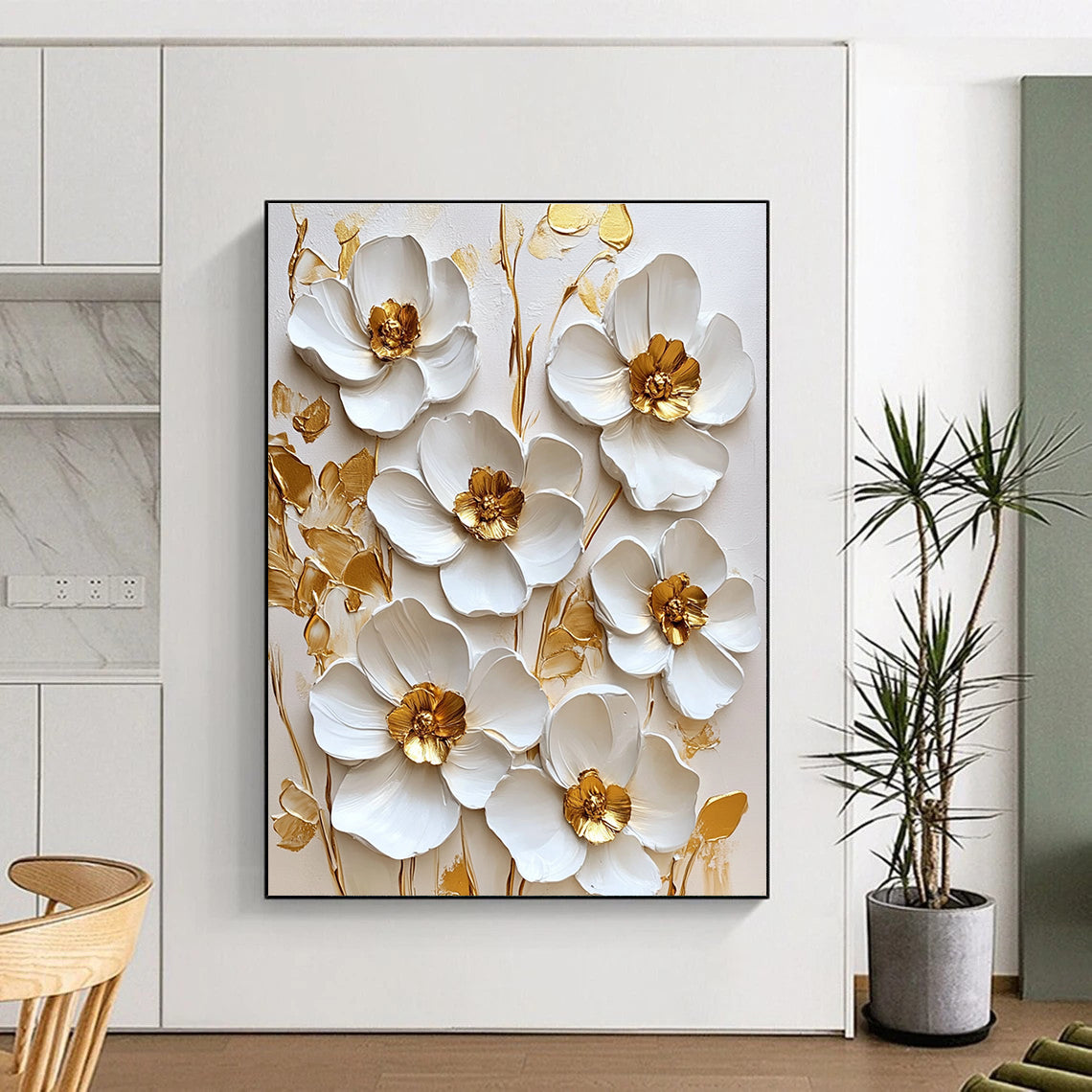 Large abstract painting featuring white flowers with golden accents on a white background in a square format.STSC1481