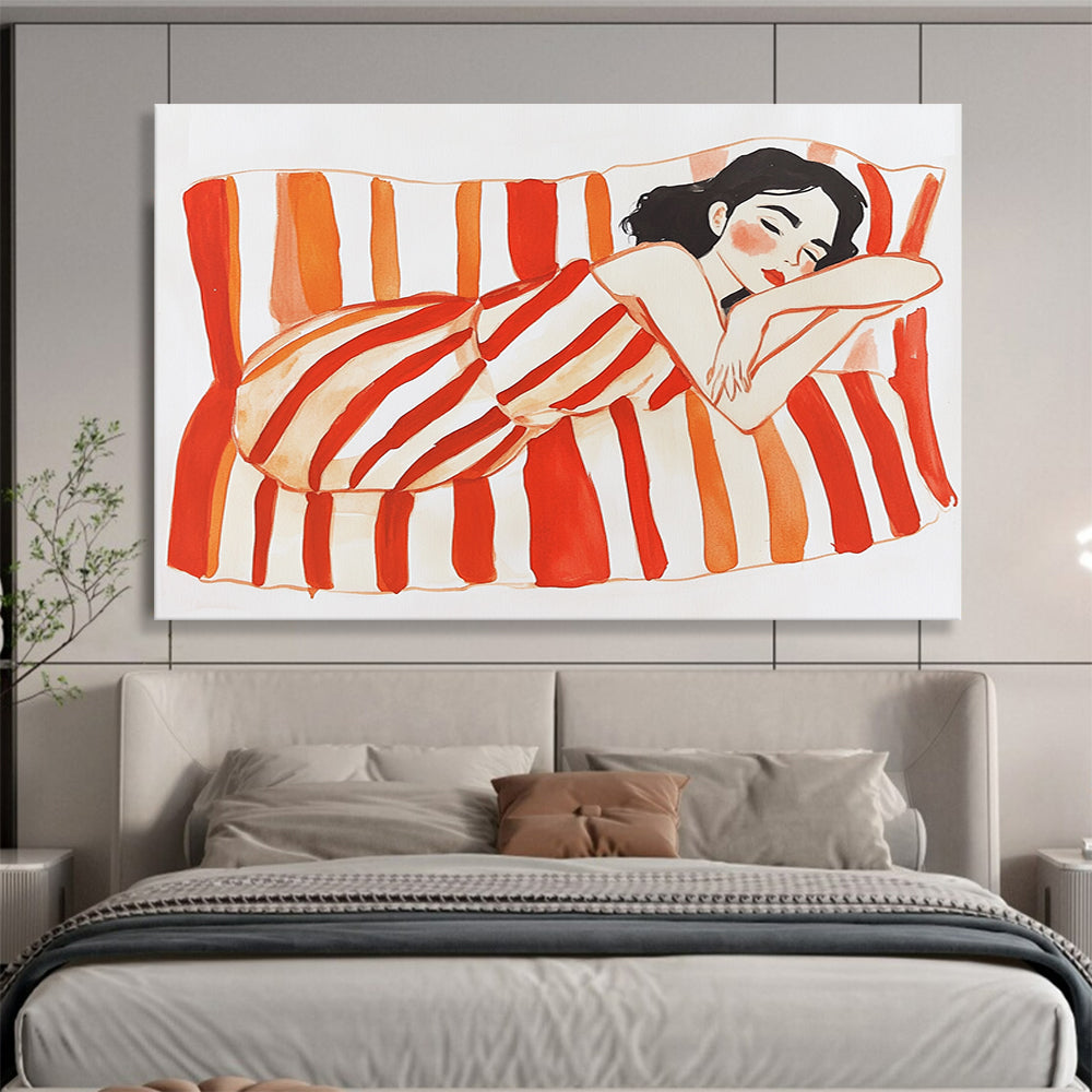 An abstract gouache illustration features a woman on a striped couch with bright red and orange stripes against a white background.SC573
