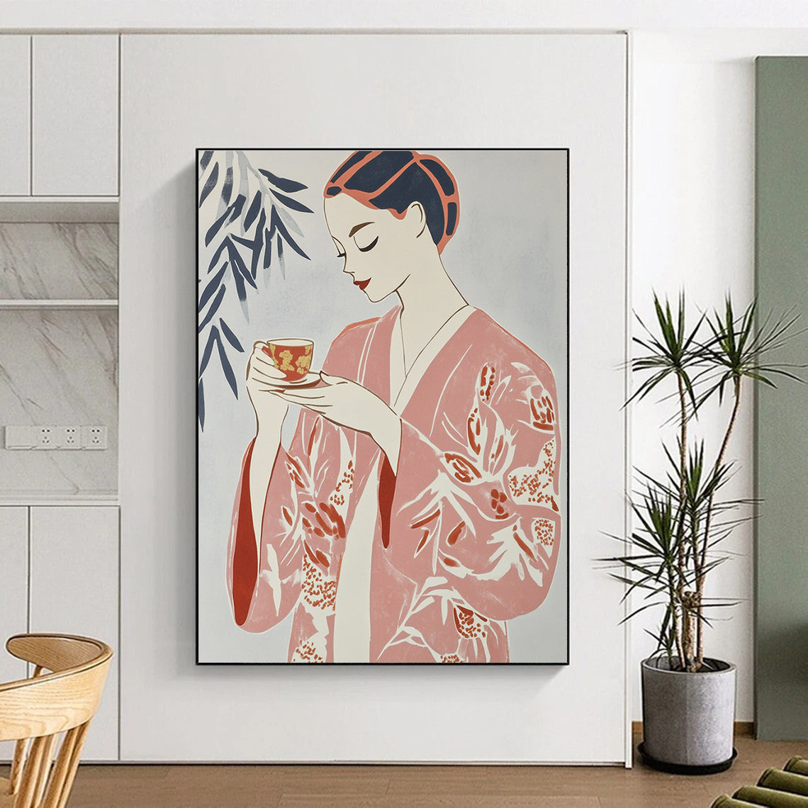 Large Abstract Artwork Featuring A Woman In A Floral Robe Relaxing With Tea Against A Light Grey Background In Risograph Gouache Style.STSC1314