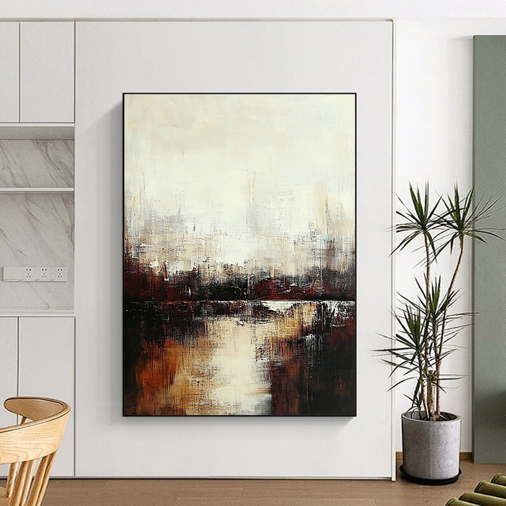 Large abstract painting featuring a serene cityscape in muted tones of white and brown evoking tranquility and introspection through soft brushstrokes.STSC724