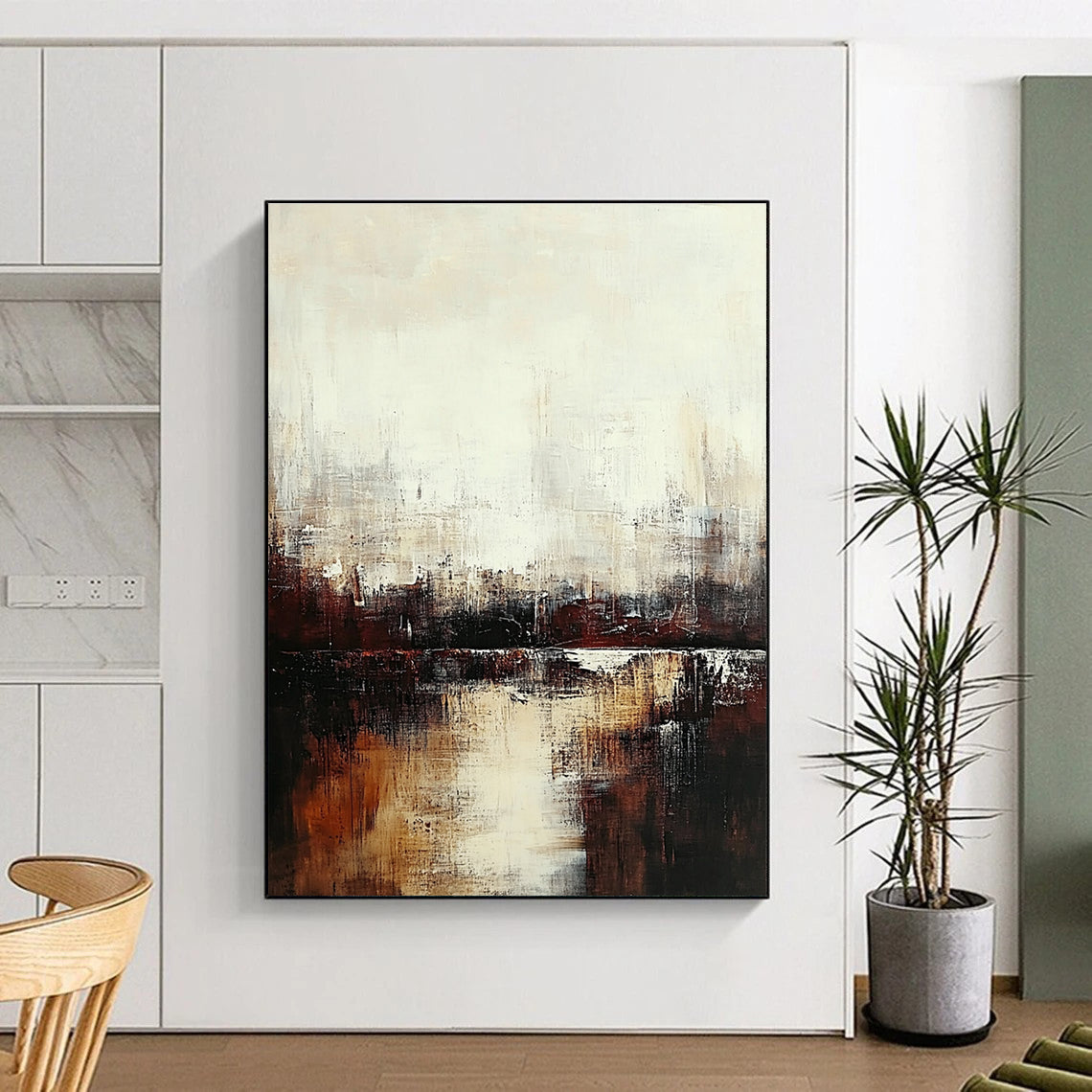 Large abstract painting featuring a serene cityscape in muted tones of white and brown evoking tranquility and introspection through soft brushstrokes.STSC724