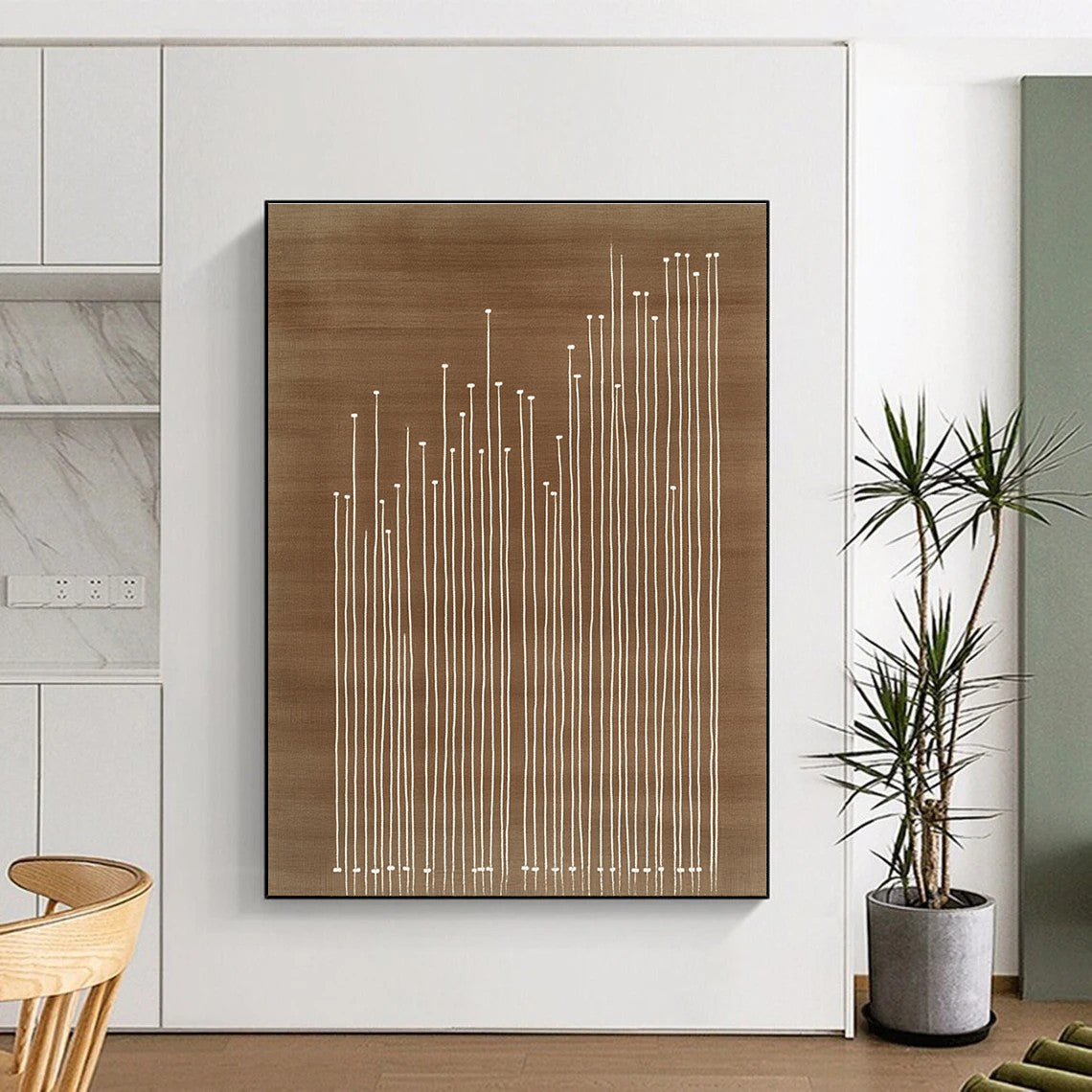 An abstract artwork featuring a brown carpet with white lines embroidered texture and simple line work in the style of Tathagata Design Studio.STSC929