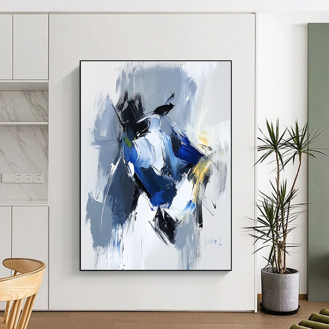 Blue Gray Abstract Painting with Dynamic Color Blocks GER781