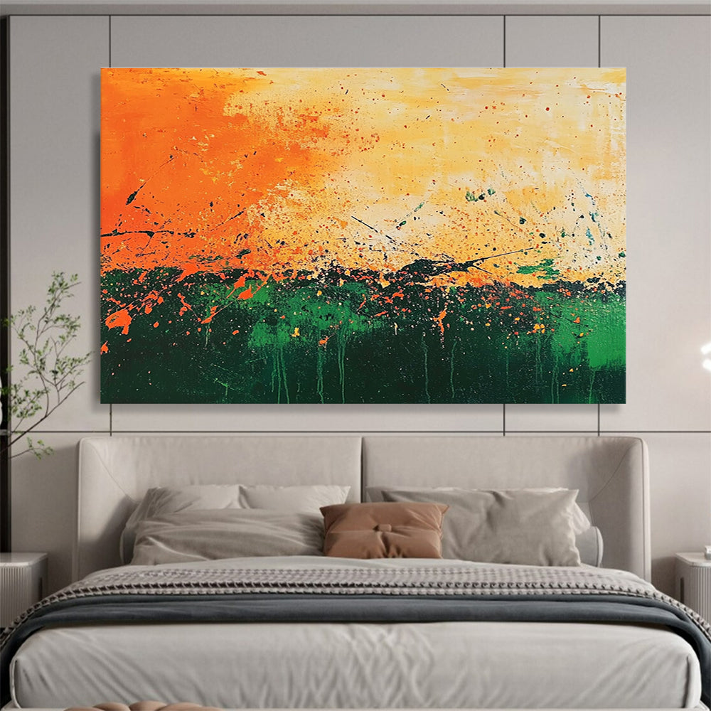 Large abstract painting featuring vibrant orange and green paint splatters reminiscent of Jackson Pollock's dynamic style.SC062