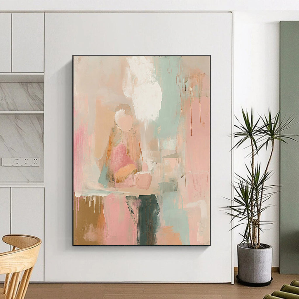 Abstract painting in soft pinks whites and sage green with loose brush strokes and vintage graffiti text evoking dreamy nostalgia and serene calmness.STSC805