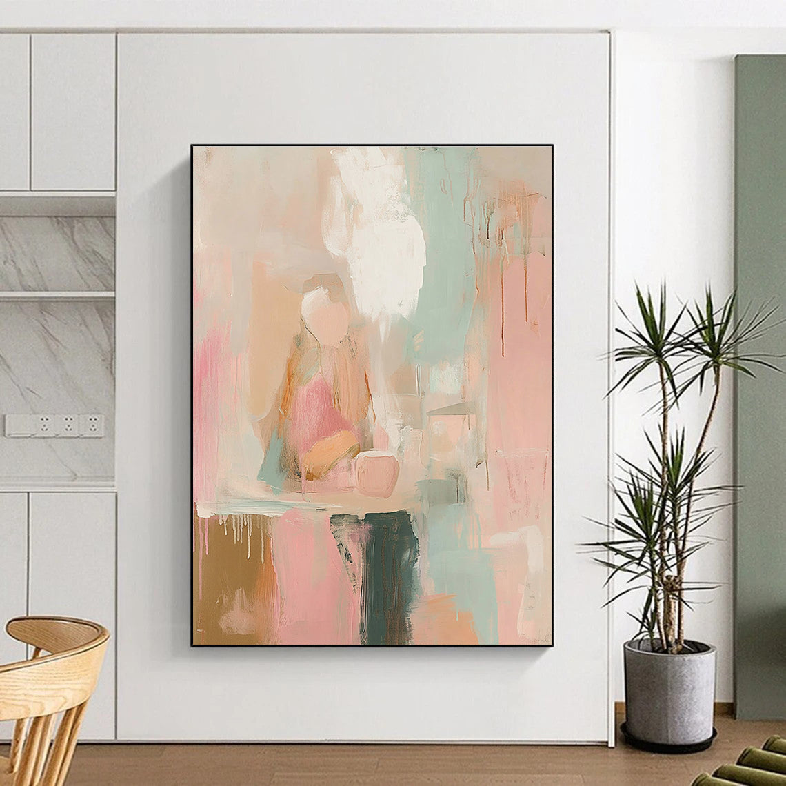 Abstract painting in soft pinks whites and sage green with loose brush strokes and vintage graffiti text evoking dreamy nostalgia and serene calmness.STSC805