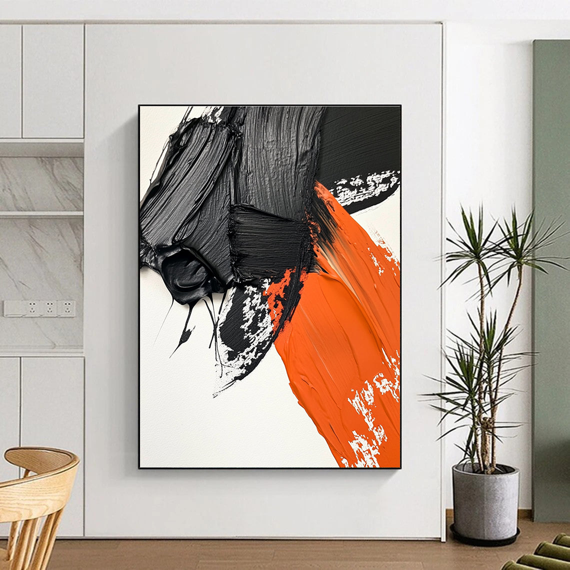 Black Orange White Abstract Painting with Thick Textures GER048