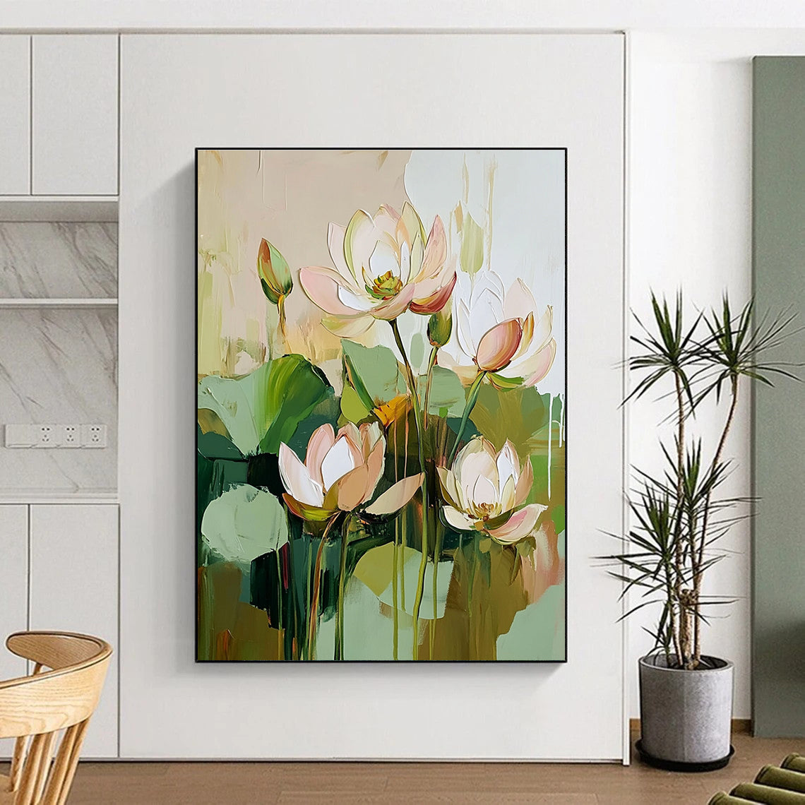Large abstract painting featuring green plants and lotus flowers in a beige pink and white color palette with detailed brush strokes in a cottagecore style.STSC188