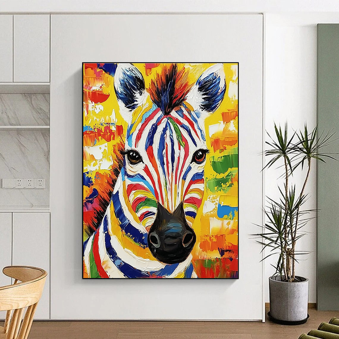 This large abstract painting features a vibrant zebra portrait in bold colors and thick brush strokes, radiating lively expression and natural light.STSC975