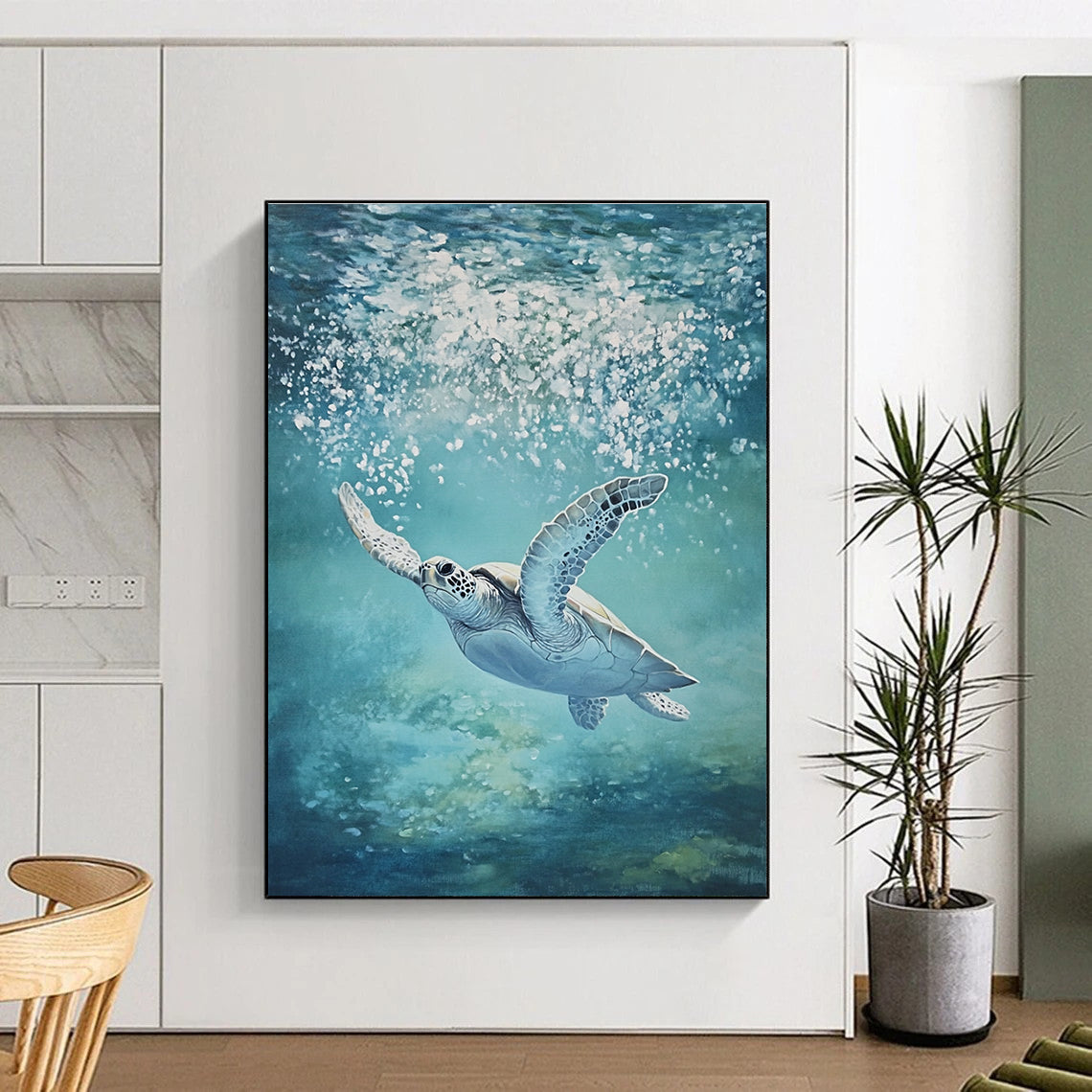 An abstract painting capturing the serene underwater scene of a majestic sea turtle gliding through crystal-clear waters with glistening skin and vibrant hues.STSC1175