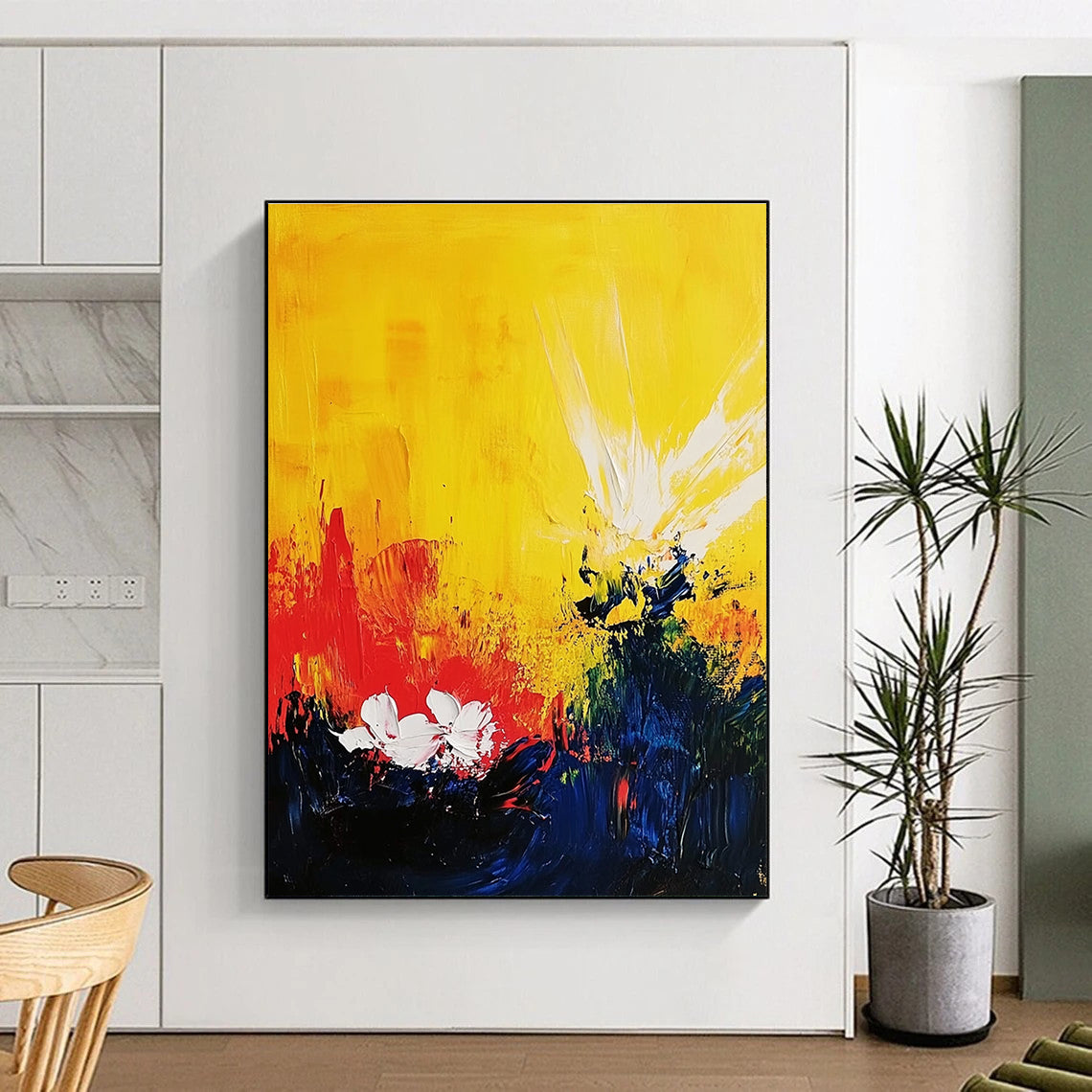 Abstract painting with a yellow background features red and blue splashes white flowers and bright sun rays in a dynamic acrylic composition.STSC407