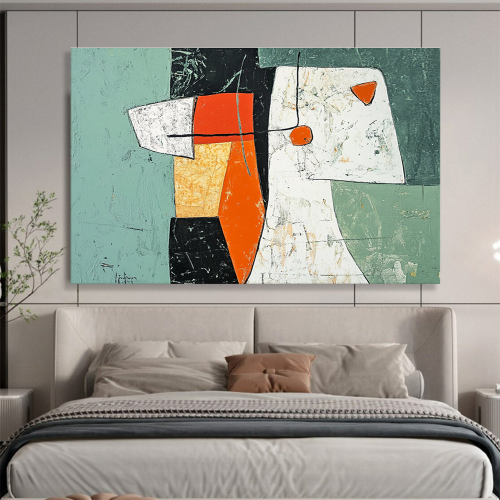 Large abstract painting featuring green orange and white shapes with black lines and a woman's figure made from paper and fabric elements.SC198