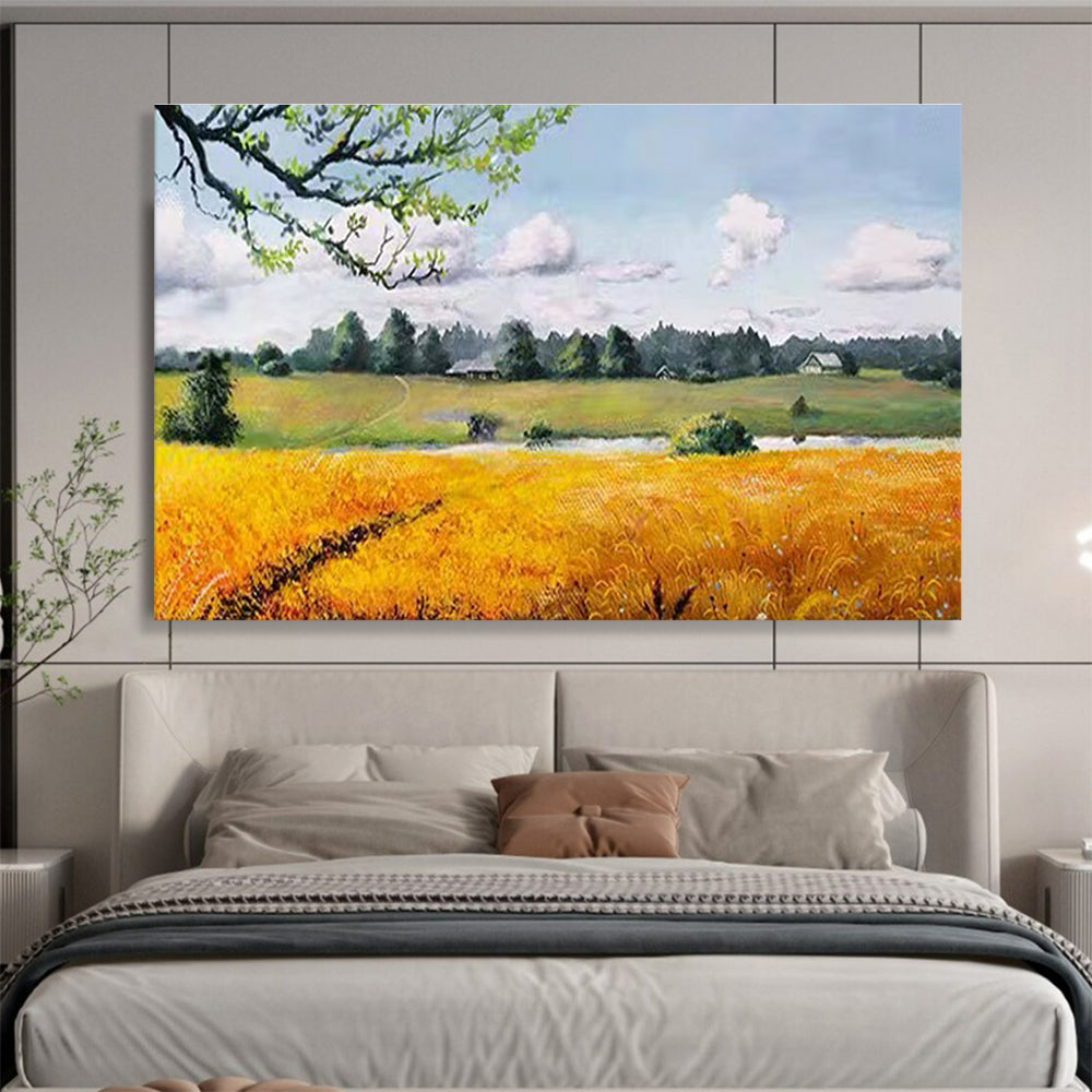 Countryside Field Abstract Painting with Yellow, Green, and Blue Tones THY208