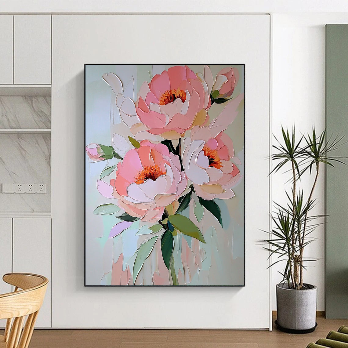 Abstract painting featuring soft pink peonies with pastel colors in an elegant oil on canvas style for a serene floral decor.STSC1413