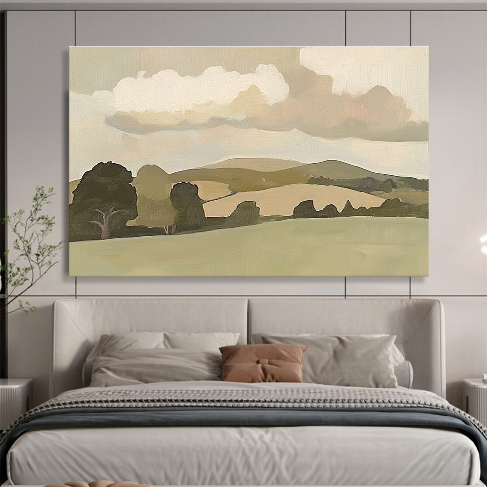 Large abstract painting of English countryside featuring minimalist hills and trees with soft brush strokes and muted colors in vintage style.SC404